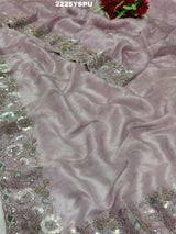 A purple tissue silk Bollywood style saree with sequence embroidery work