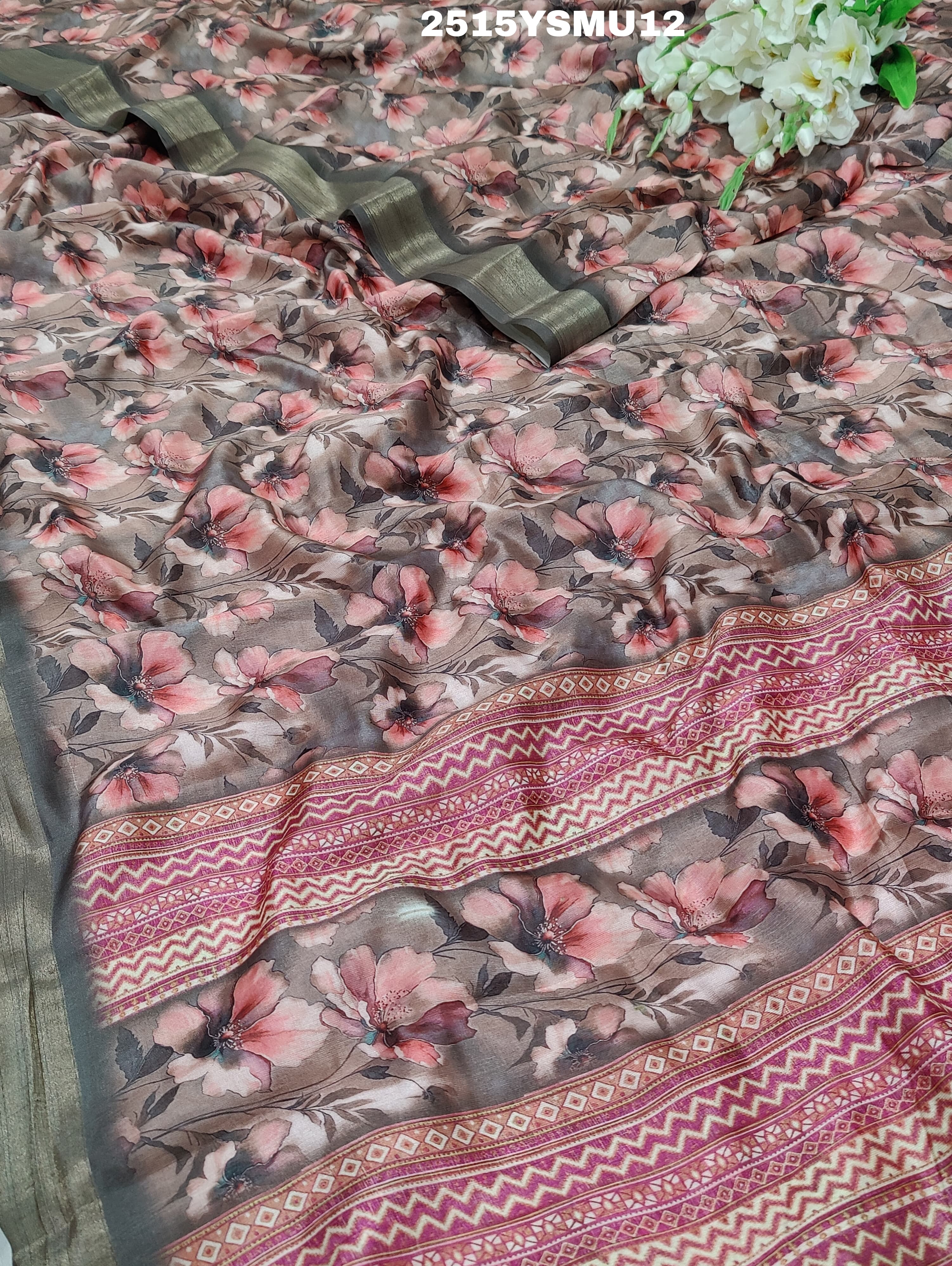 By Printed Style Saree With Zari Border Work