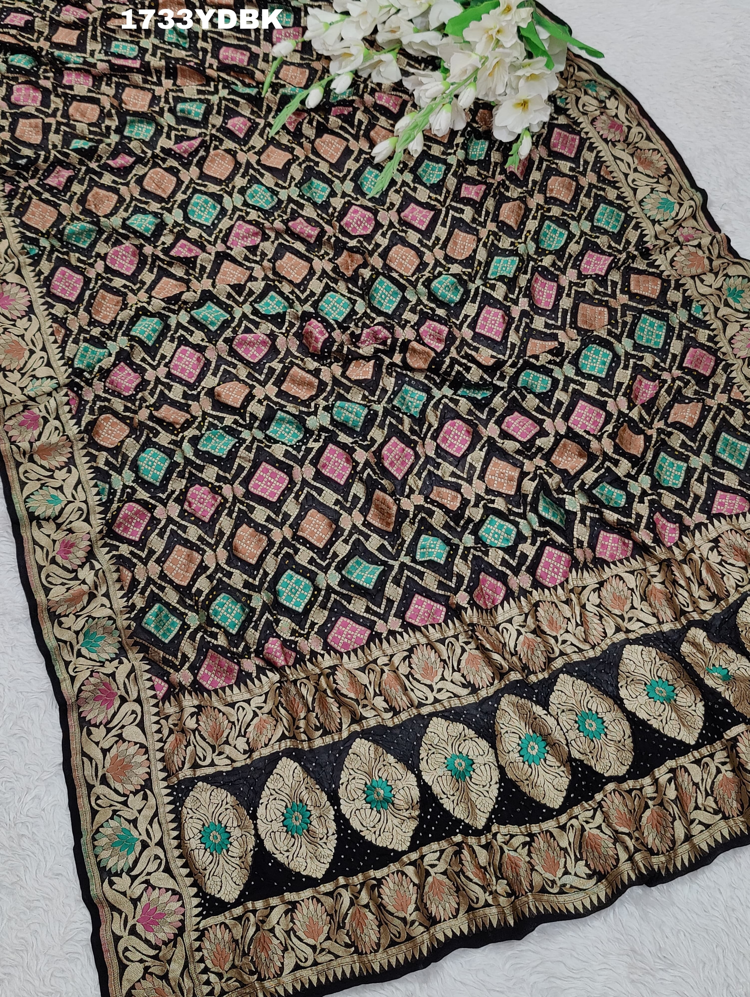 KcPc Latest Pure Khaddi Georgette Meenakari Neemzari Bandhej DupattaBLACK