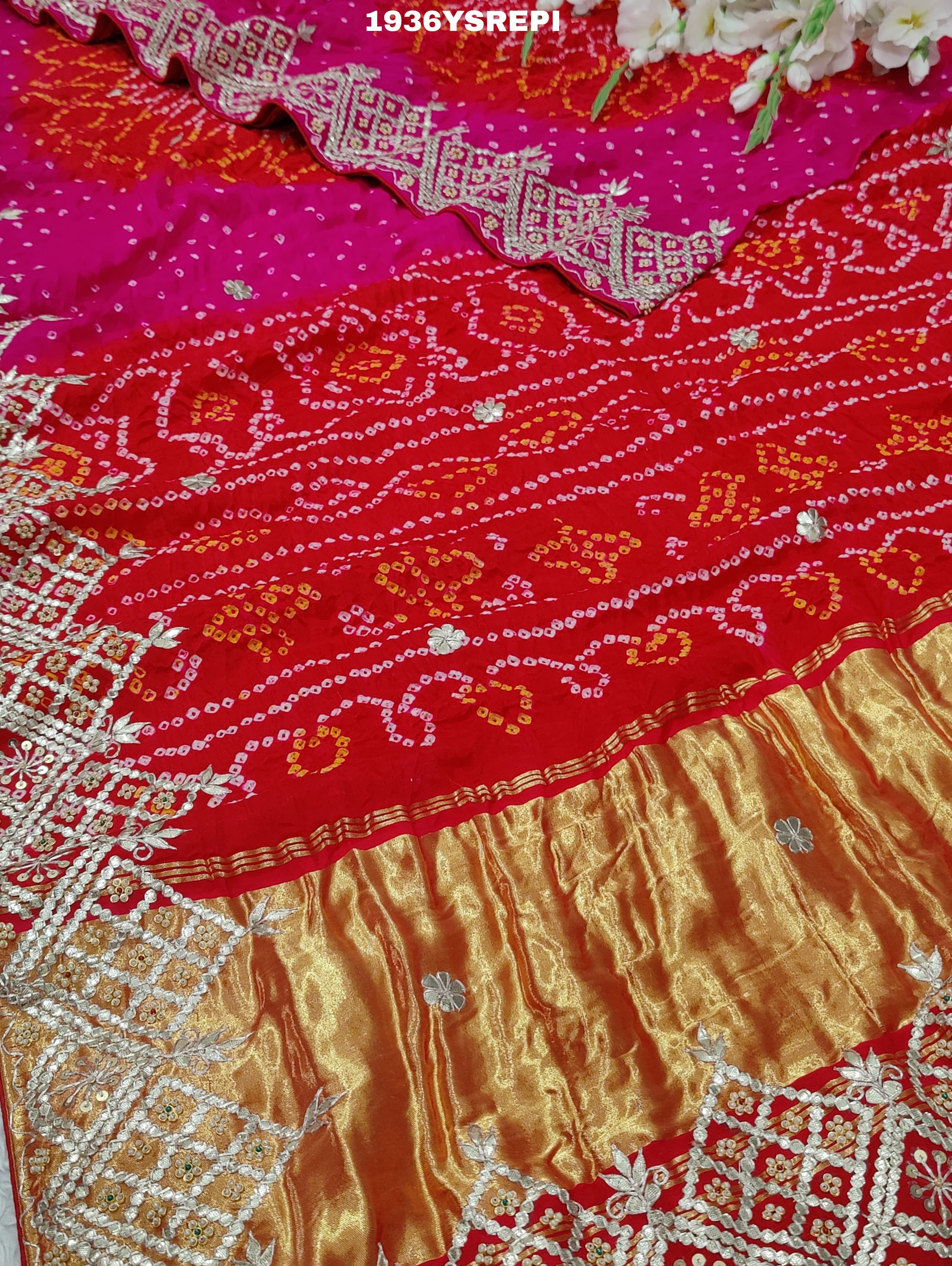 KcPc New Gaji Silk Bandhani Ekdana Bandhej Gotapatti Work SareePRF