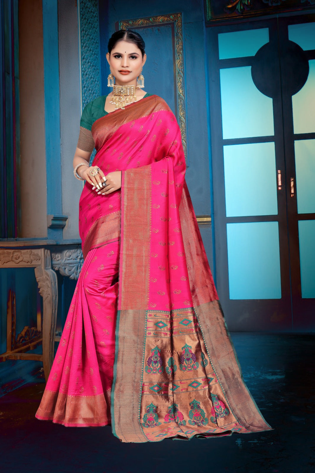 Apink and purple Banarasi Dola Silk saree with traditional Zari print work,