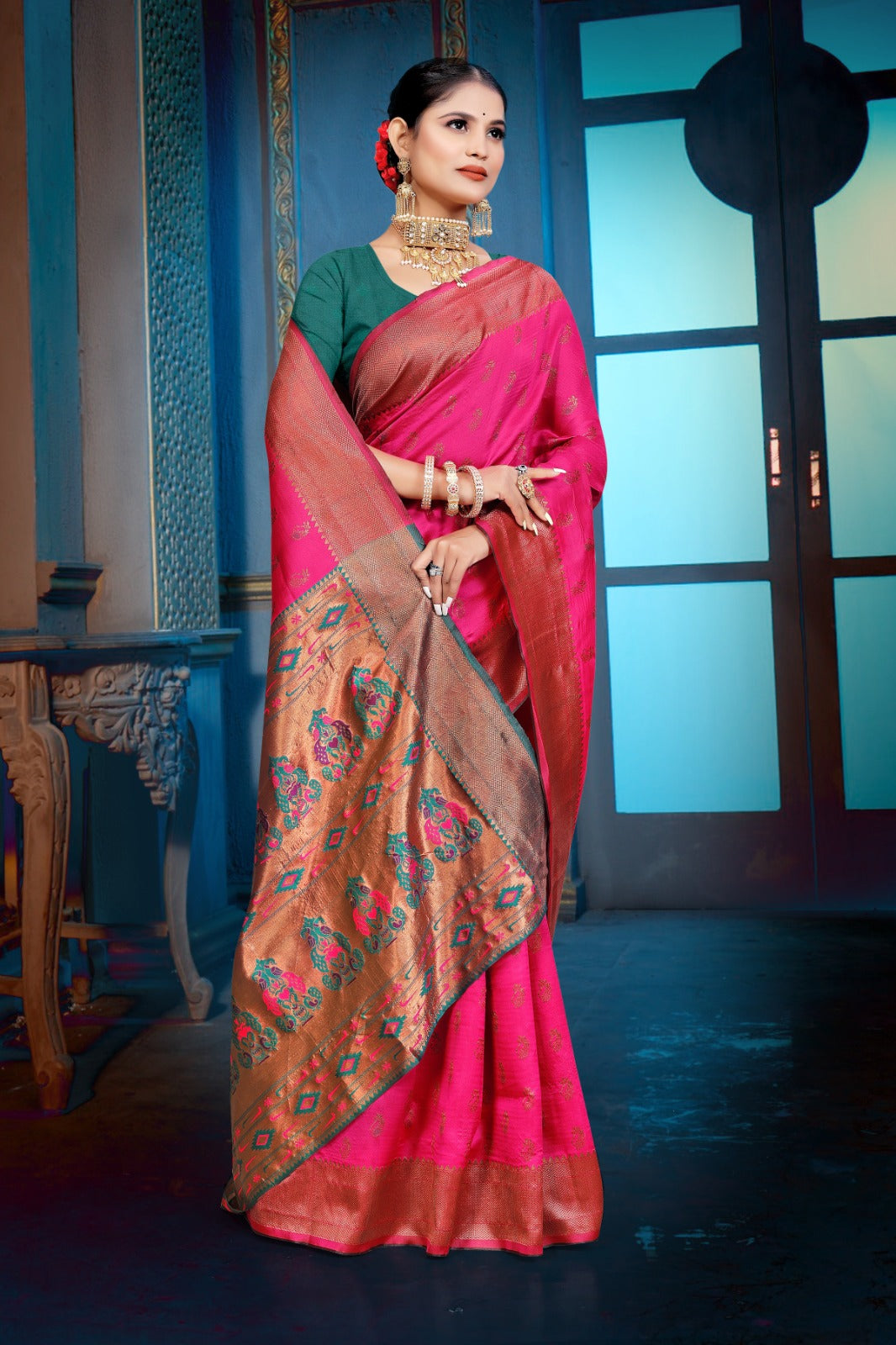 Apink and purple Banarasi Dola Silk saree with traditional Zari print work,