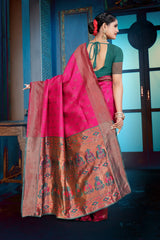 Apink and purple Banarasi Dola Silk saree with traditional Zari print work,