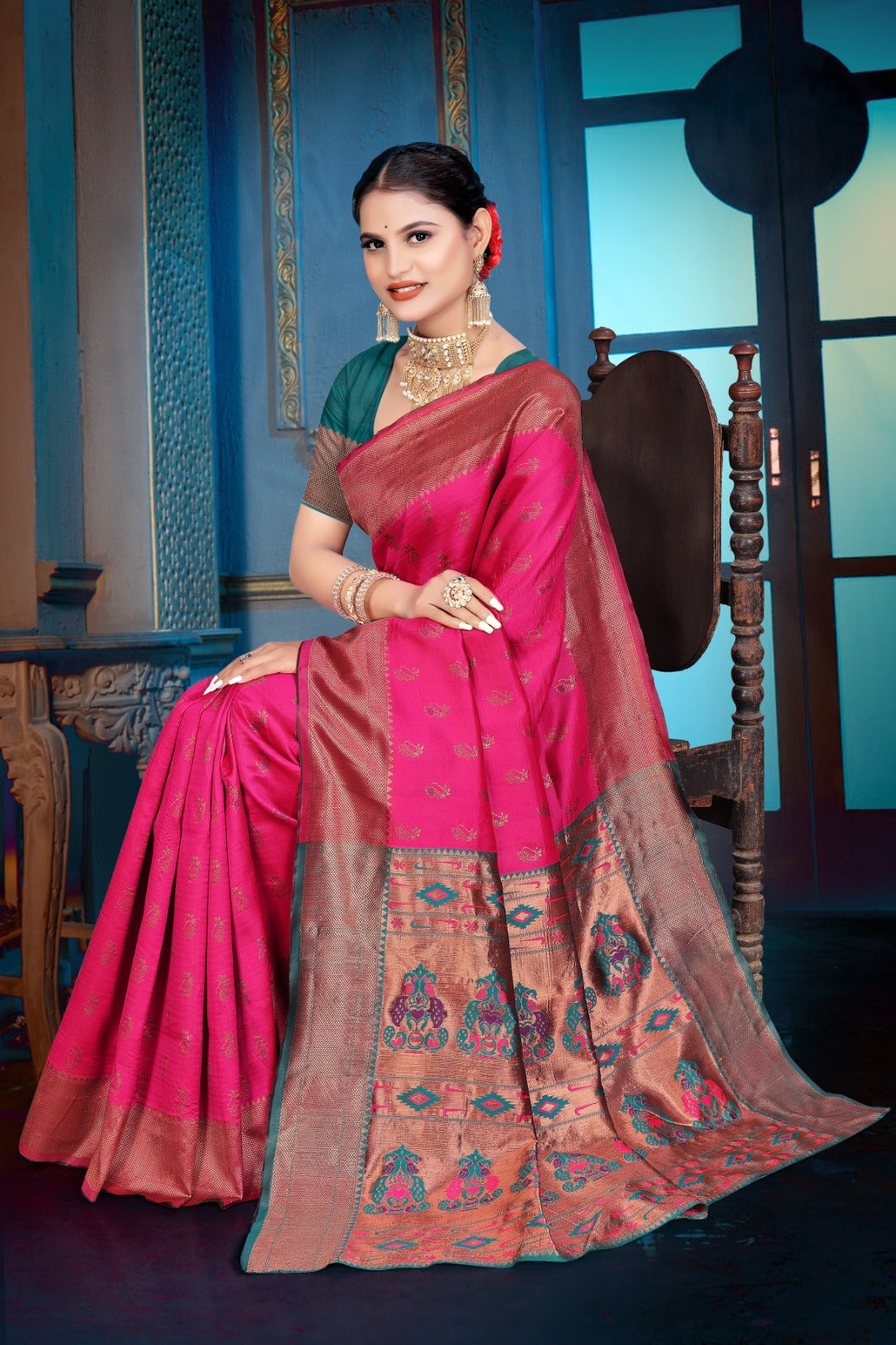 Apink and purple Banarasi Dola Silk saree with traditional Zari print work,