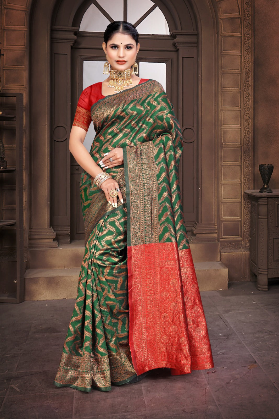 A Banarasi Dola Silk saree with a modern zig zag print and traditional zari border in green and red.