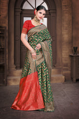 A Banarasi Dola Silk saree with a modern zig zag print and traditional zari border in green and red.