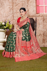 A green and red Banarasi saree with zari weaving for wedding