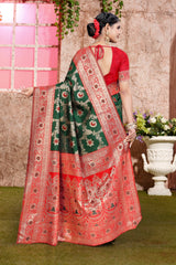 A green and red Banarasi saree with zari weaving for wedding