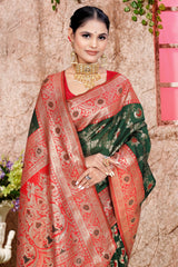 A green and red Banarasi saree with zari weaving for wedding