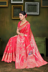 Ared and orange Banarasi saree with zari weaving and floral patterns,