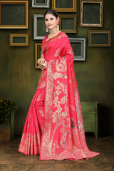 Ared and orange Banarasi saree with zari weaving and floral patterns,