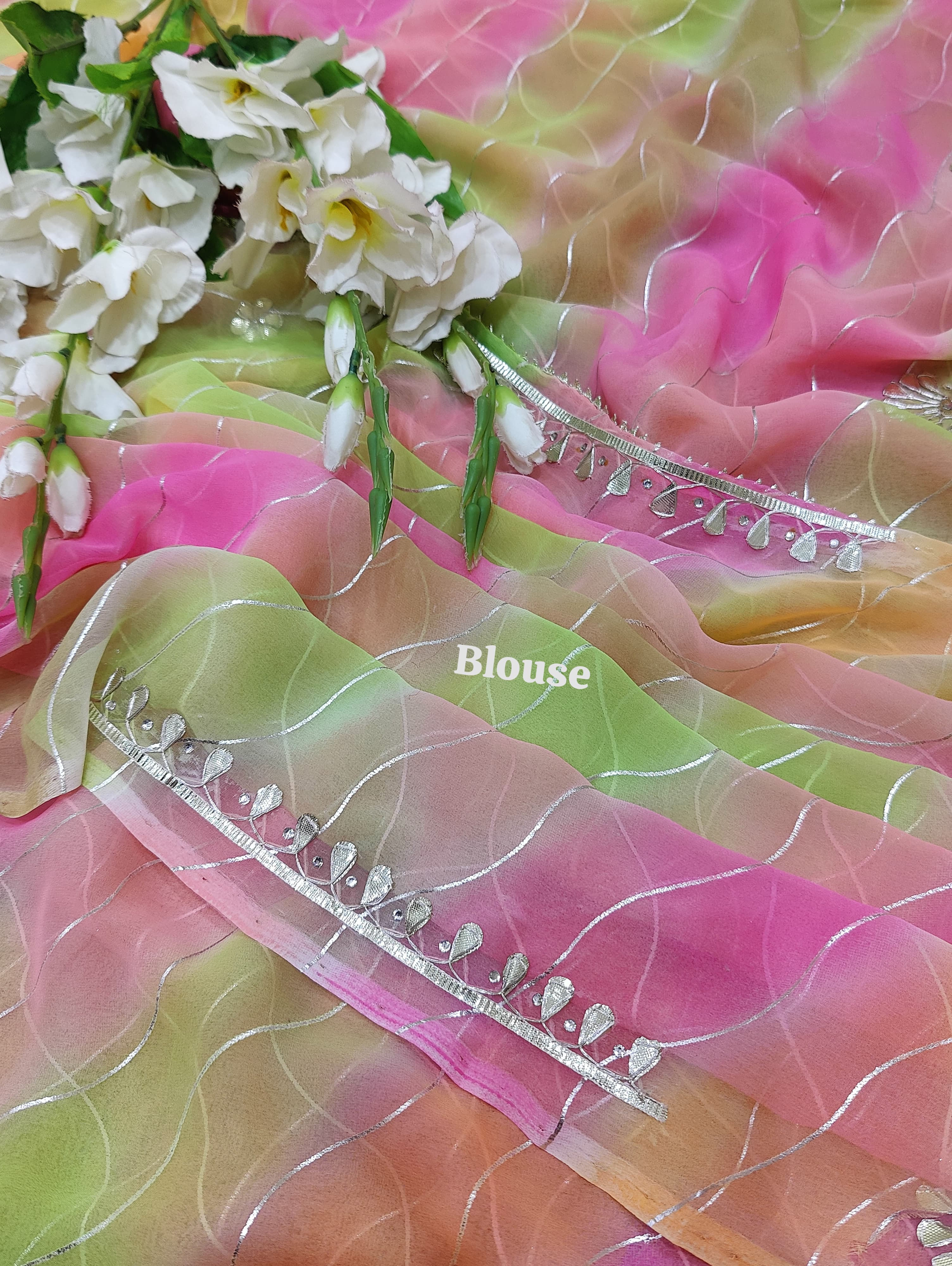 KcPc Beautiful Comfortable Chiffon Leheriya Saree with Gota Patti WorkAMT