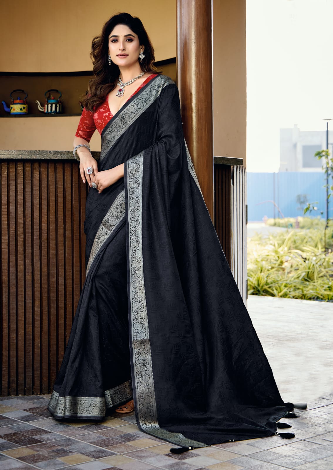 black Glossy Dola Silk Saree for Festive moments