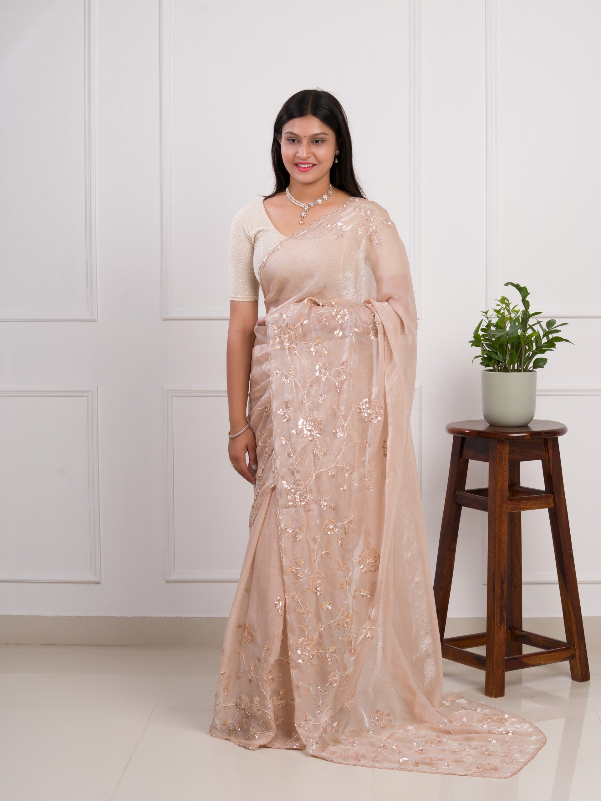 Organza Bollywood Style With Cutdana tari Work Saree in cream colour