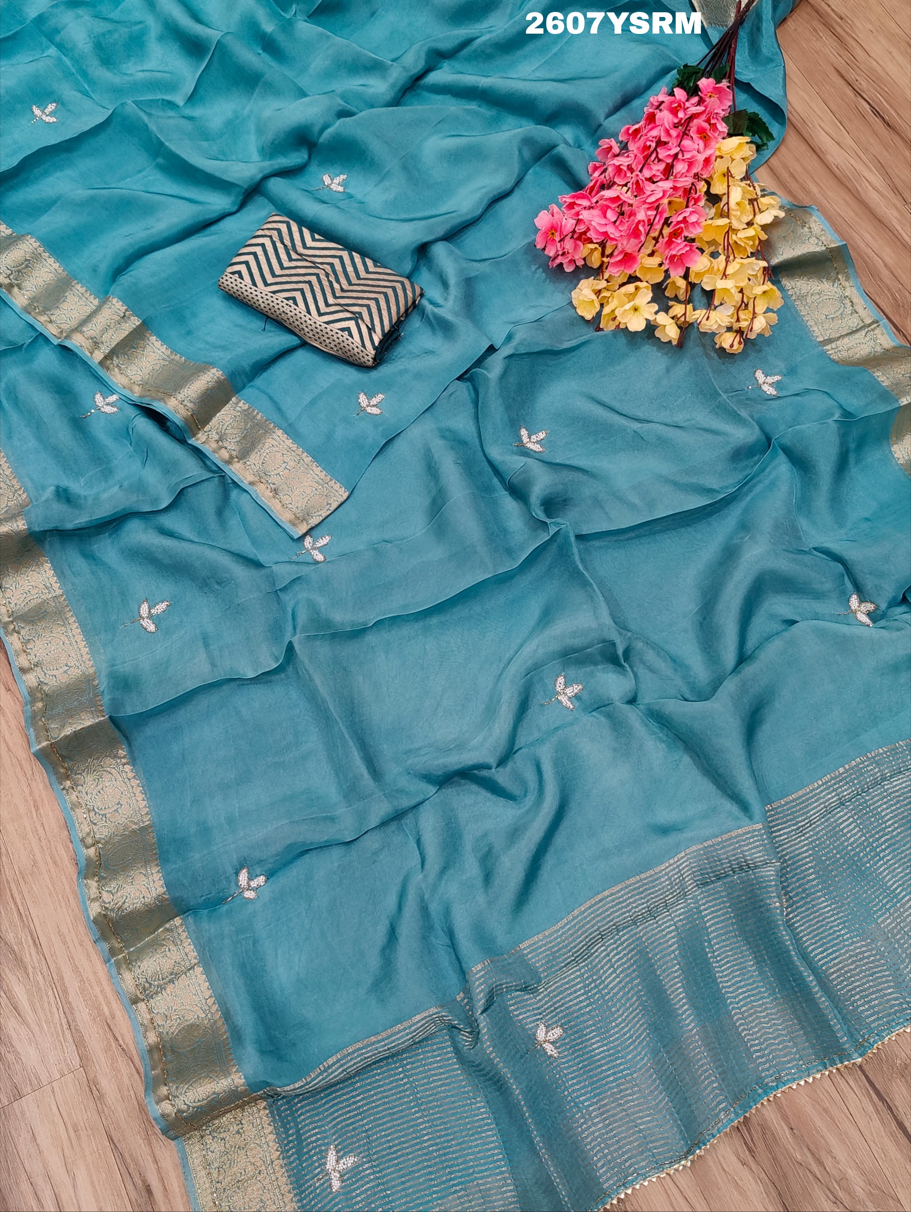 Blue saree with silver border Silk Bollywood Style With Cutdana Gotapatti Saree