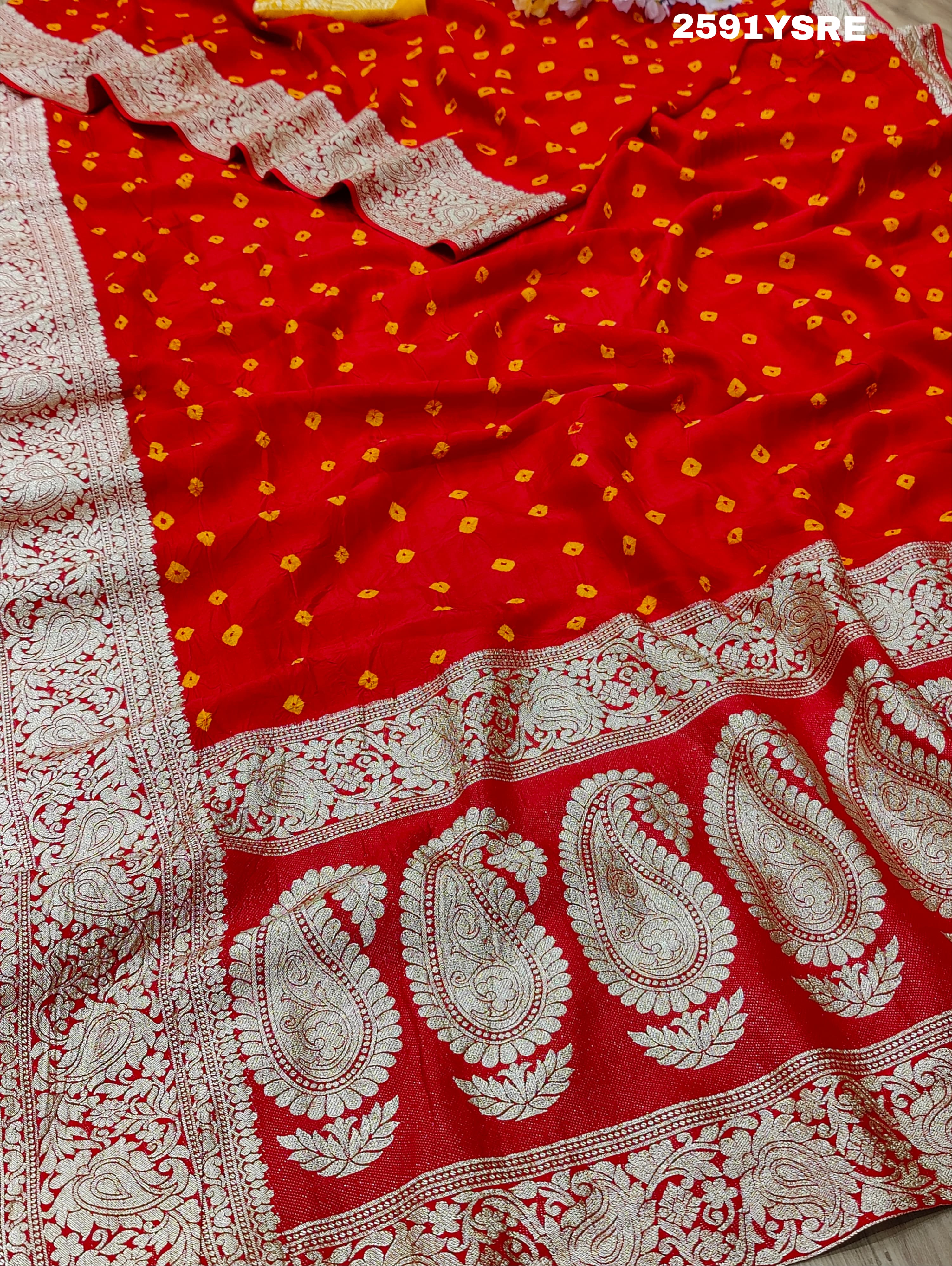 ByNew LaunchChinon Bandhani Style with Zari Border Work Saree