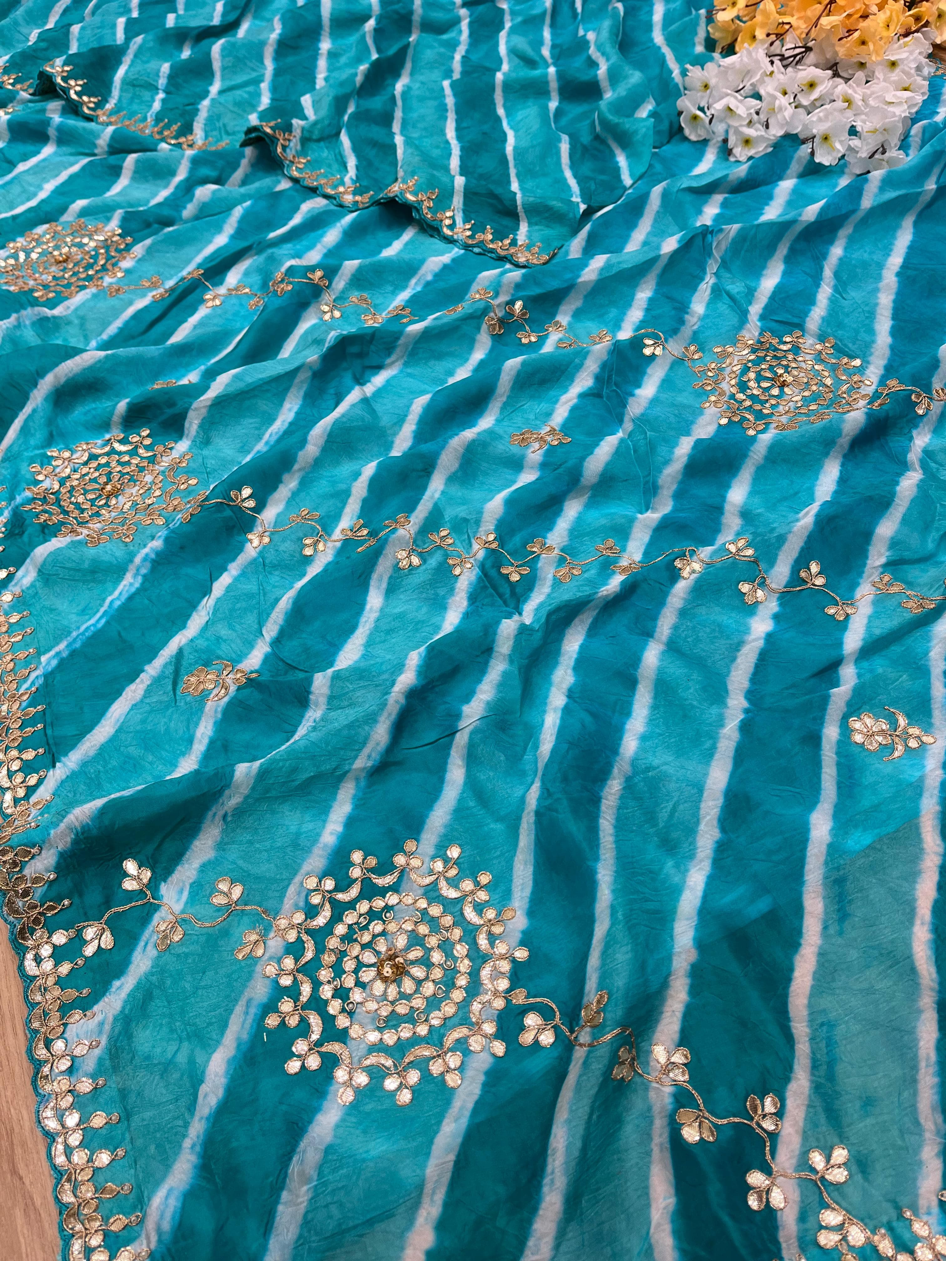 New Chinon Leheriya Style with Gotapatti Work Saree