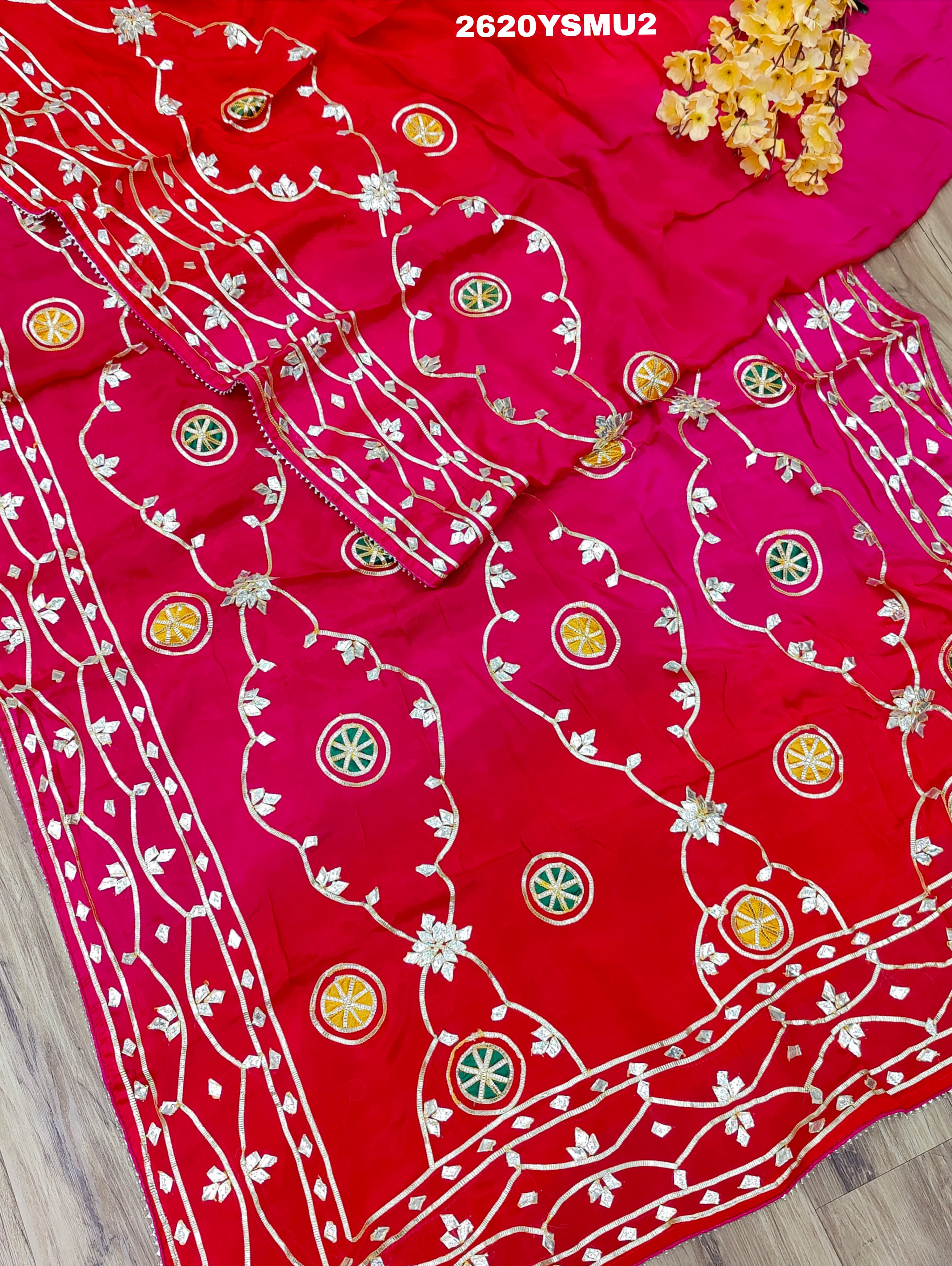 Red and pink saree with white embroidery Bollywood Style with Gotapatti Work