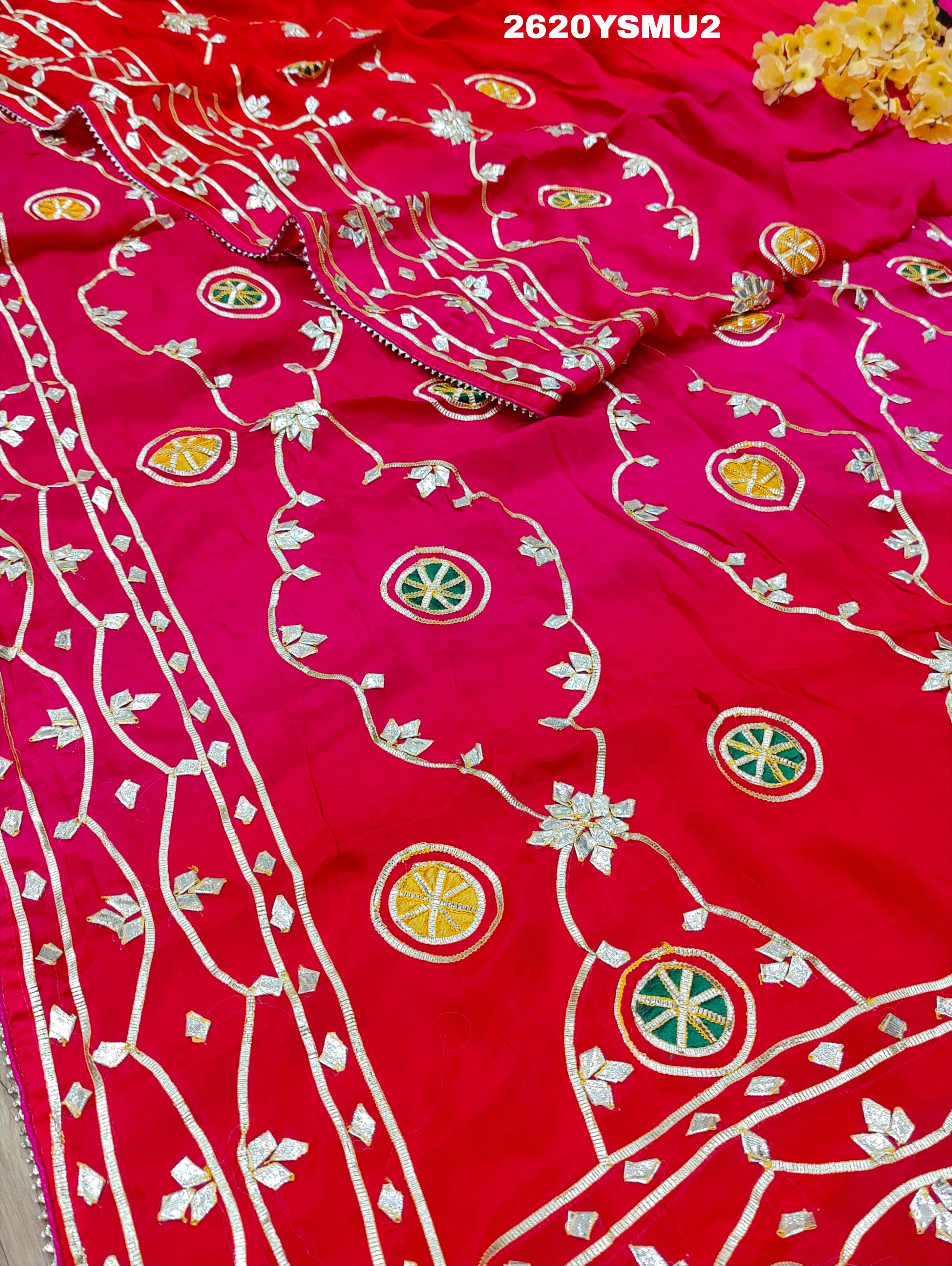 Red and pink saree with white embroidery Bollywood Style with Gotapatti Work