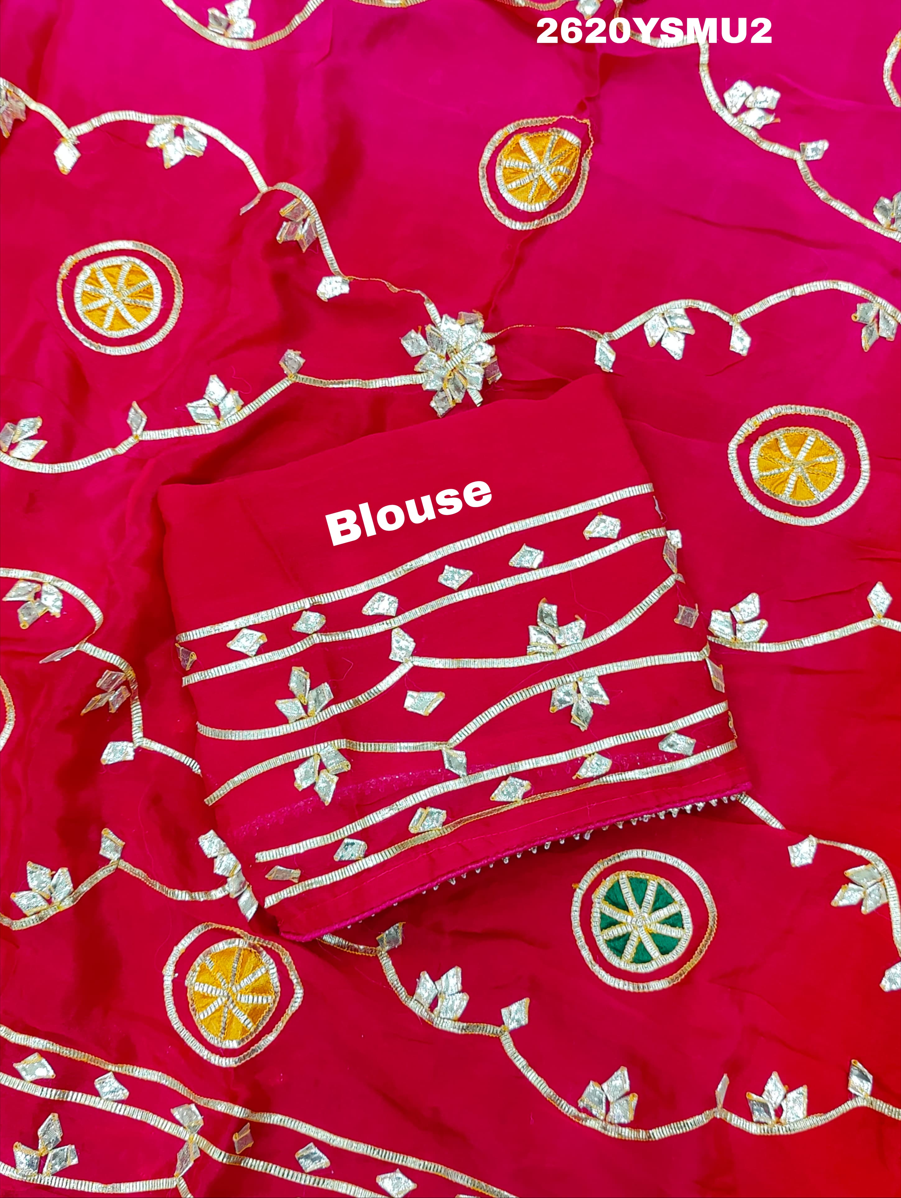 Red and pink saree with white embroidery Bollywood Style with Gotapatti Work
