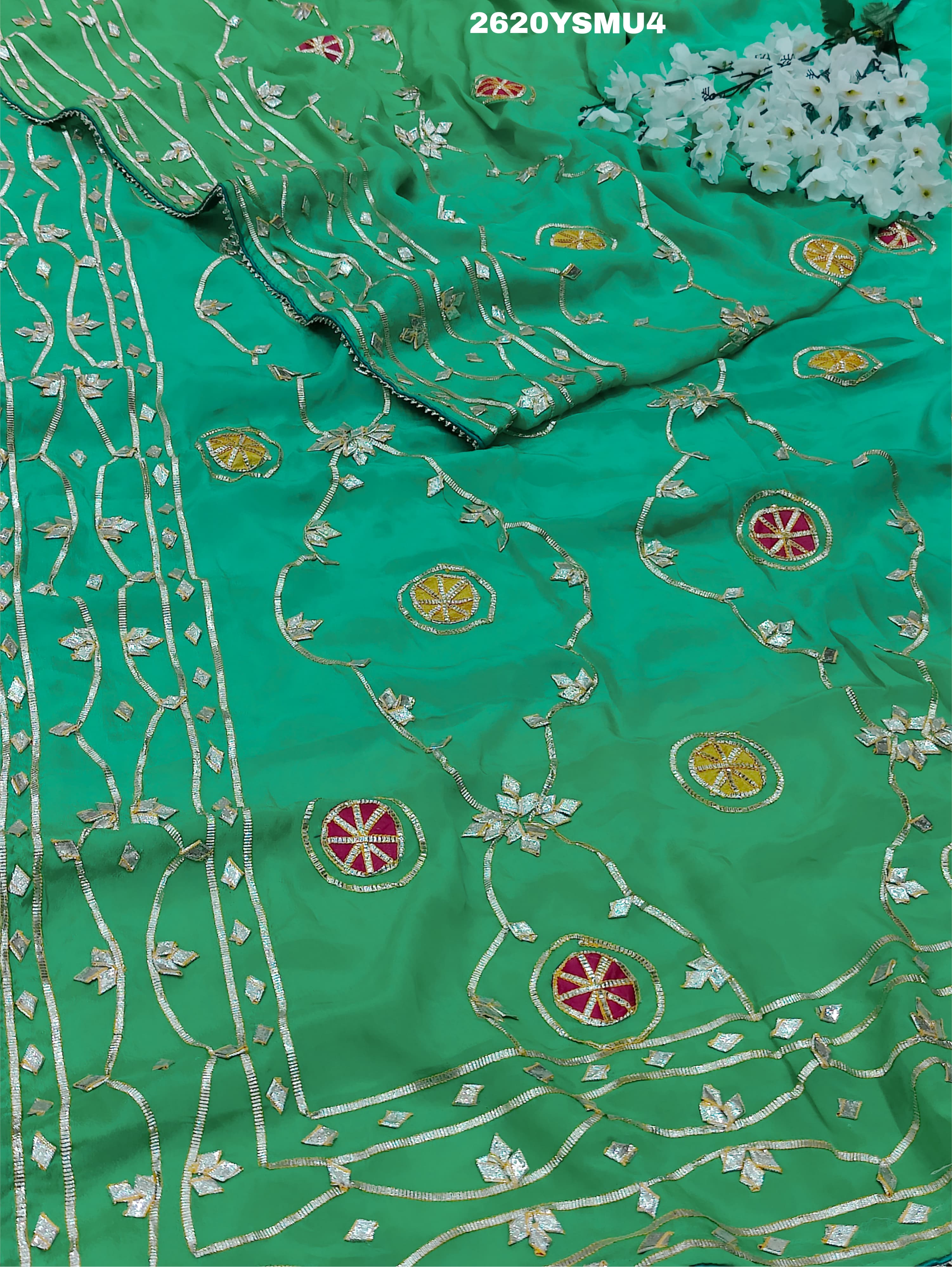 Green embroidered saree with floral patterns Chinon Bollywood Style with Gotapatti Work
