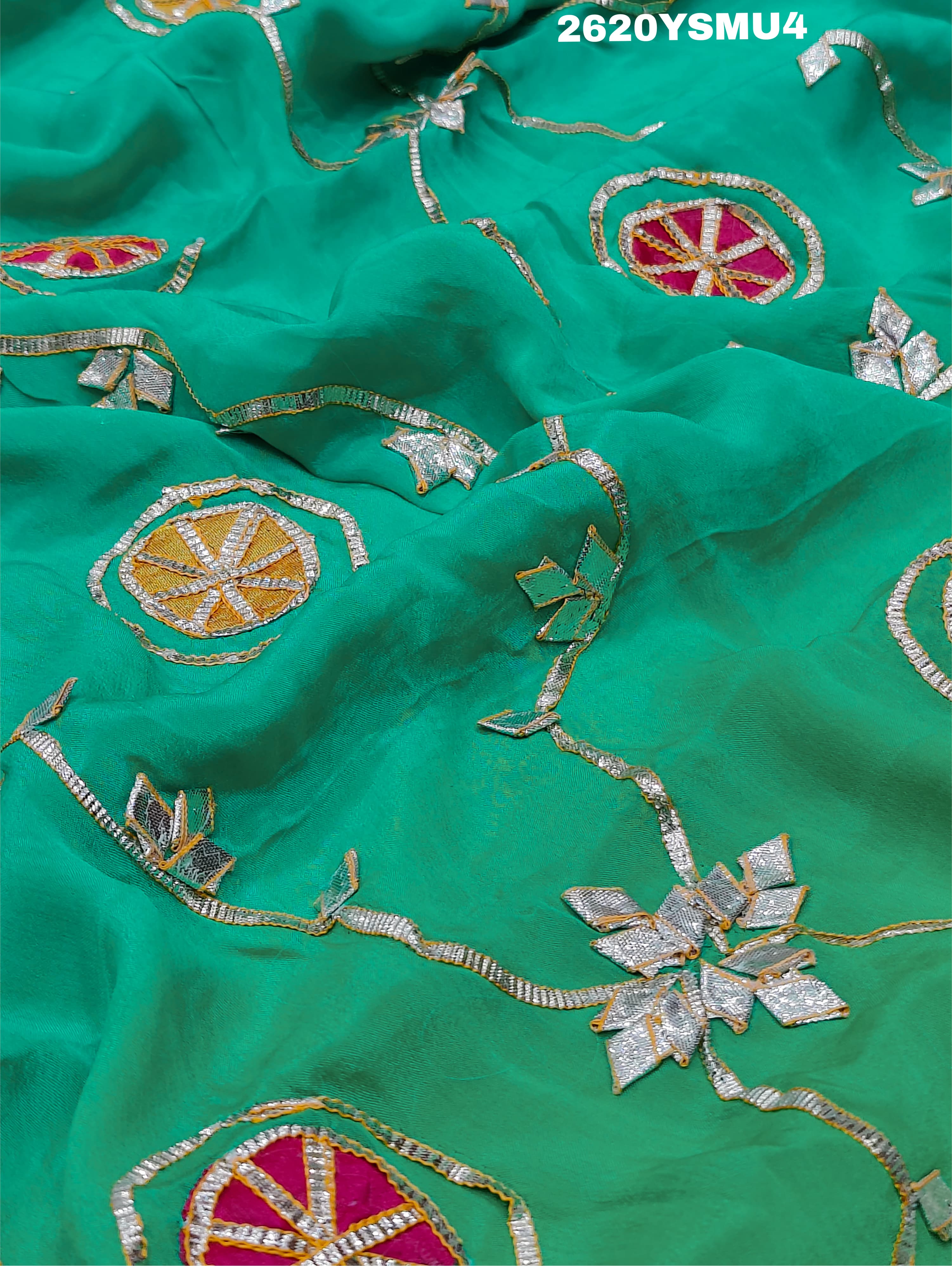 Green embroidered saree with floral patterns Chinon Bollywood Style with Gotapatti Work