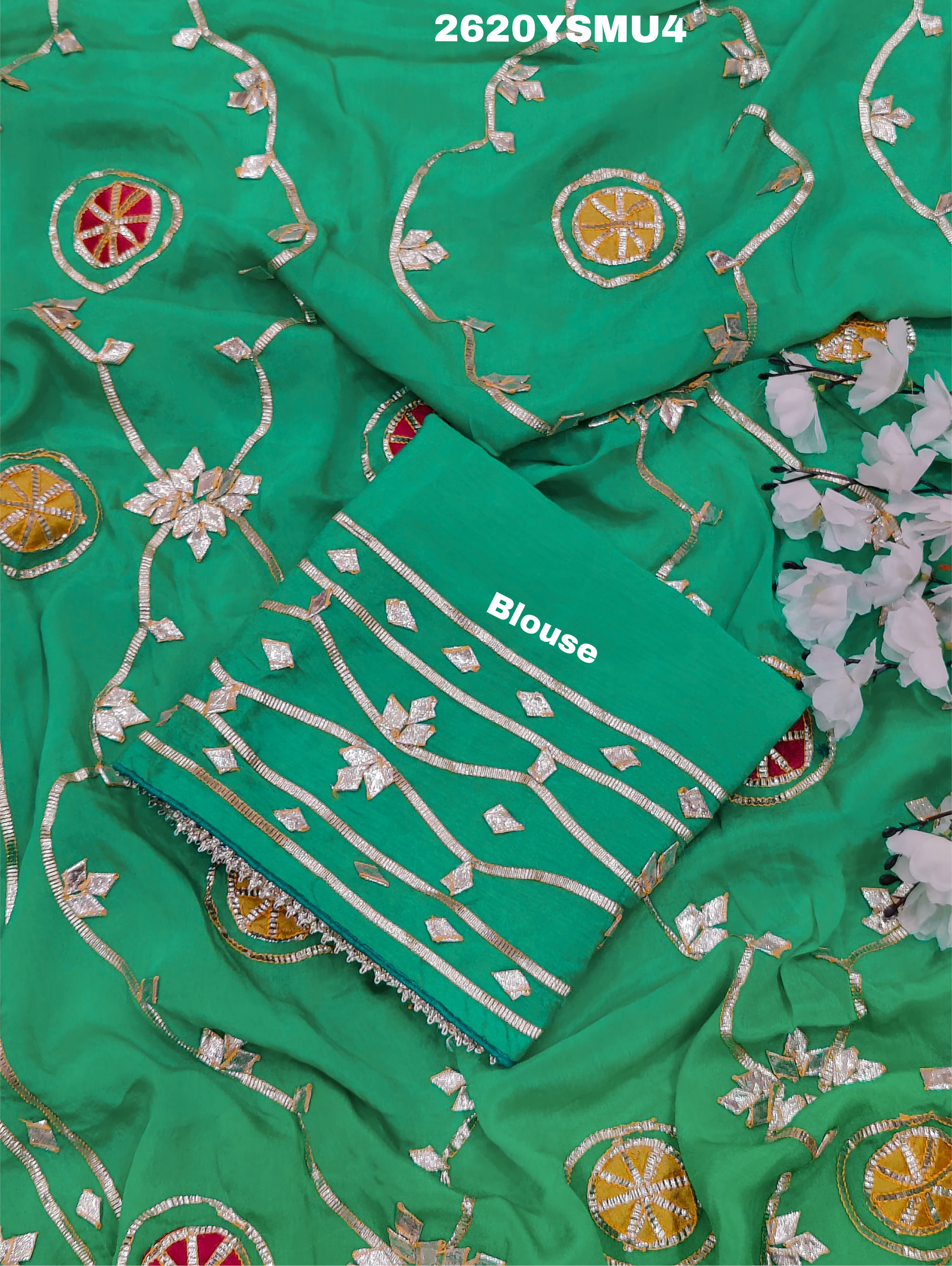 Green embroidered saree with floral patterns Chinon Bollywood Style with Gotapatti Work