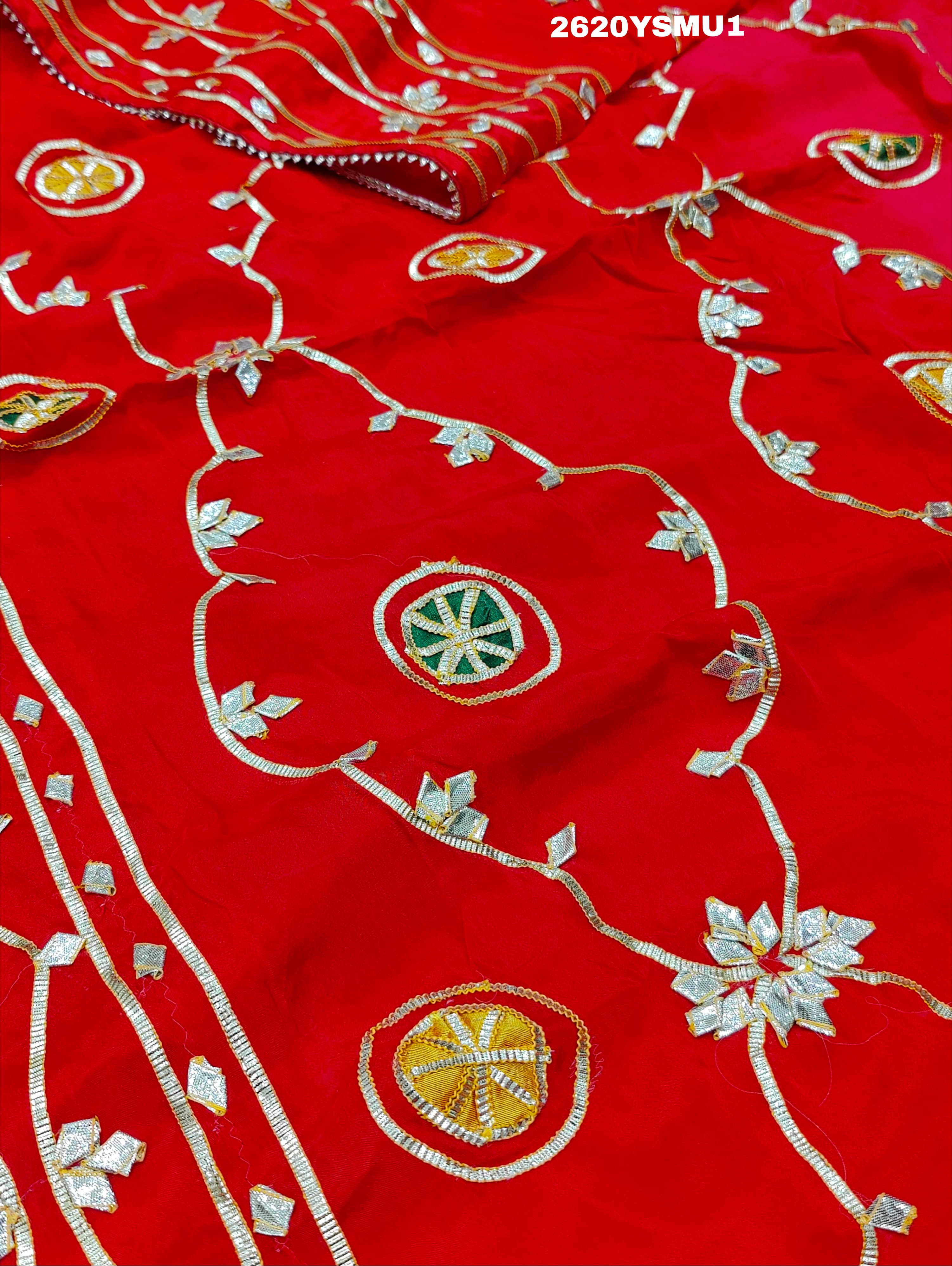 Red saree with white and gold floral patternsBollywood Style with Gotapatti Work