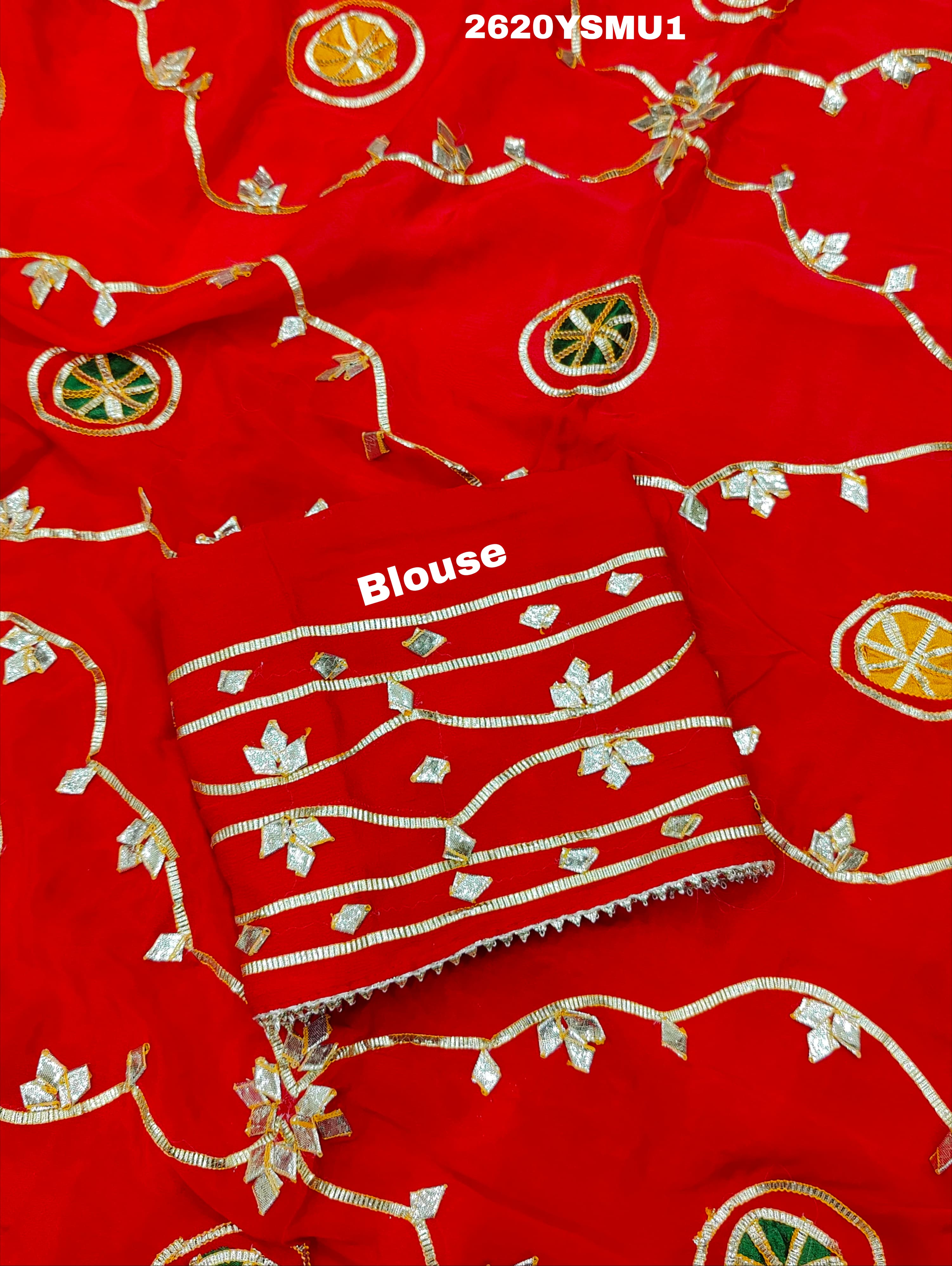 Red saree with white and gold floral patternsBollywood Style with Gotapatti Work