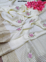 White saree with floral embroiderySilk Traditional Style With Zari Border Work Saree