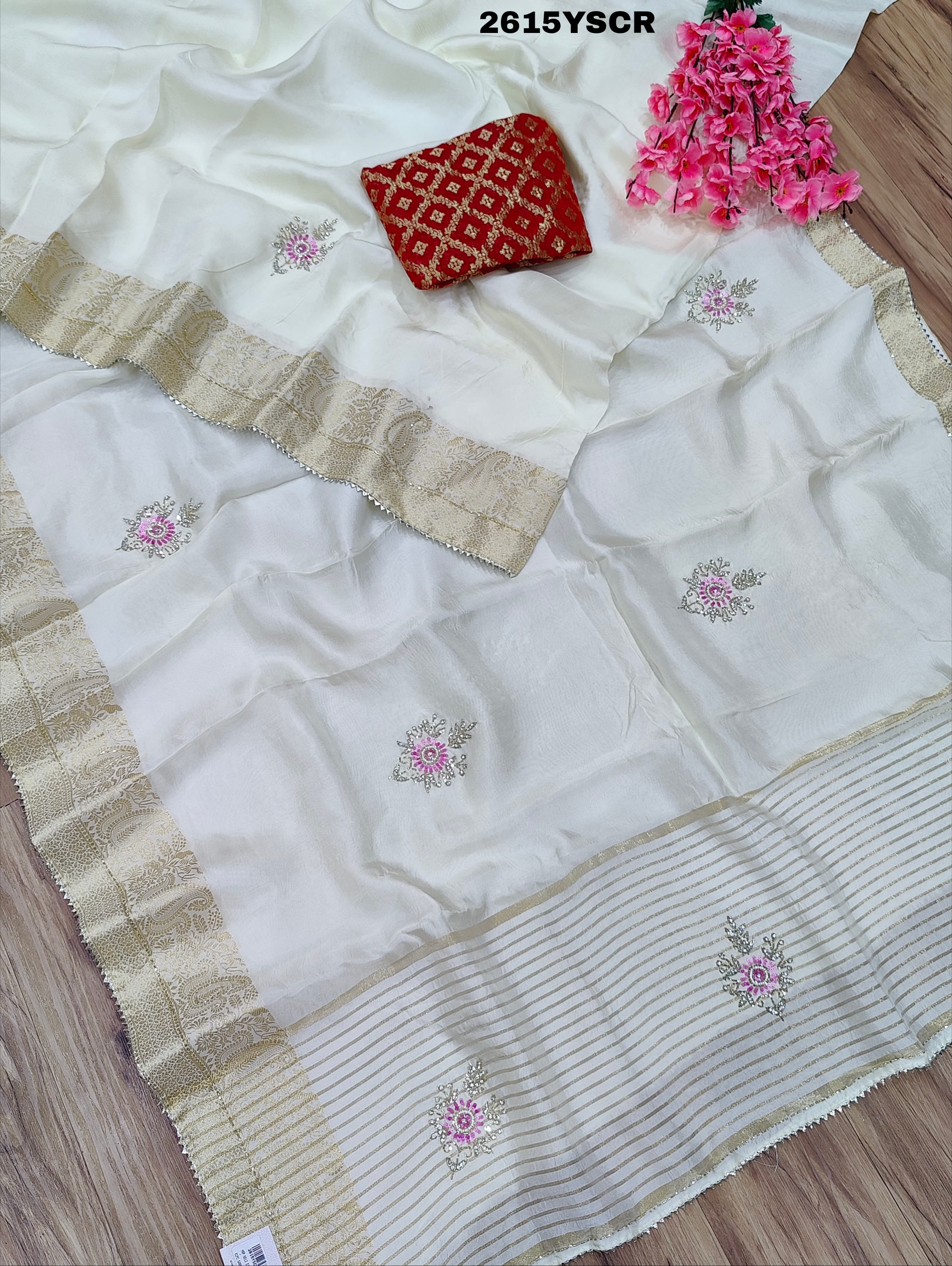 White saree with floral embroiderySilk Traditional Style With Zari Border Work Saree