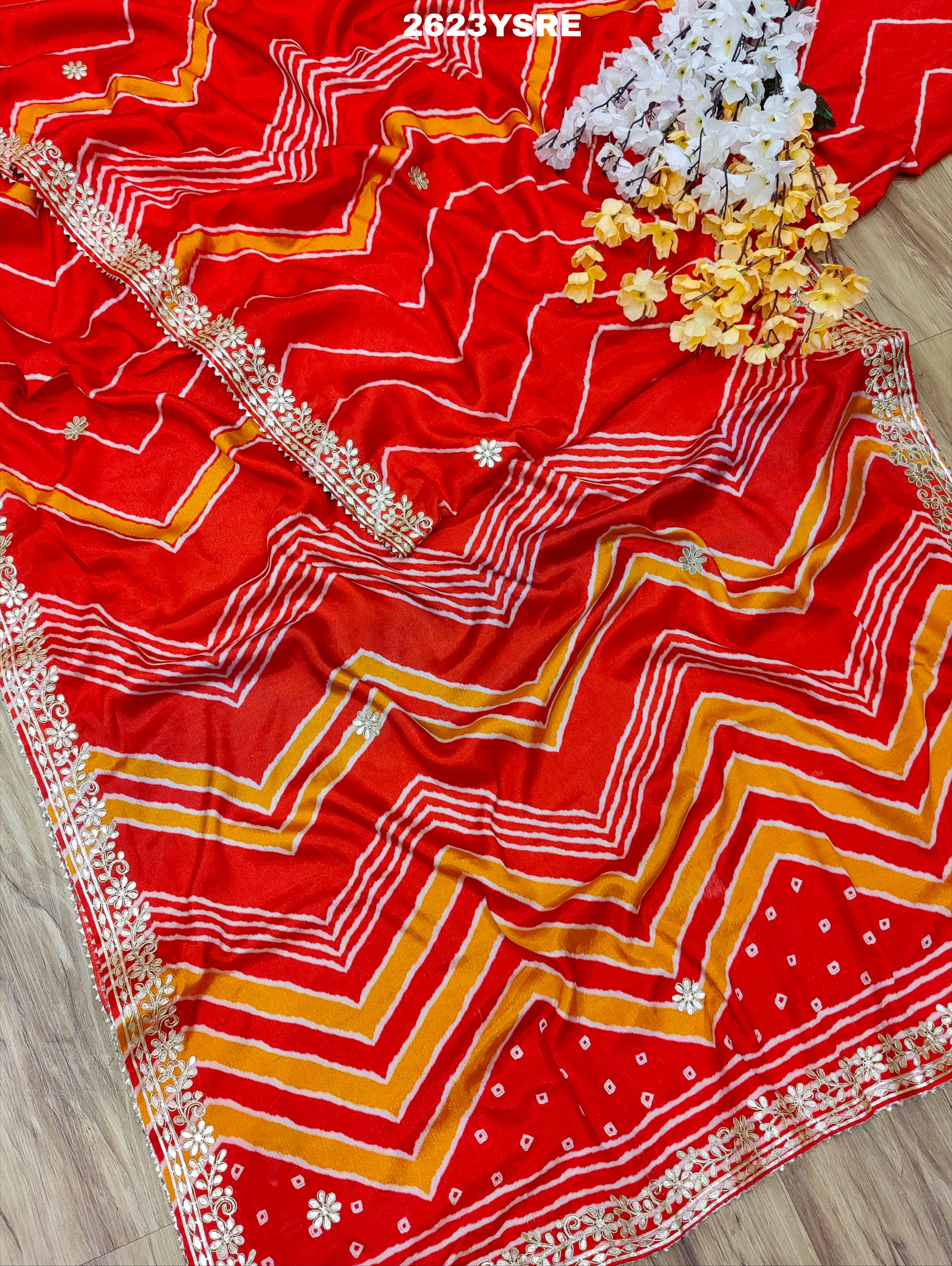 Silk Zik Zag Style With Gotapatti Work Saree in red colour for wedding