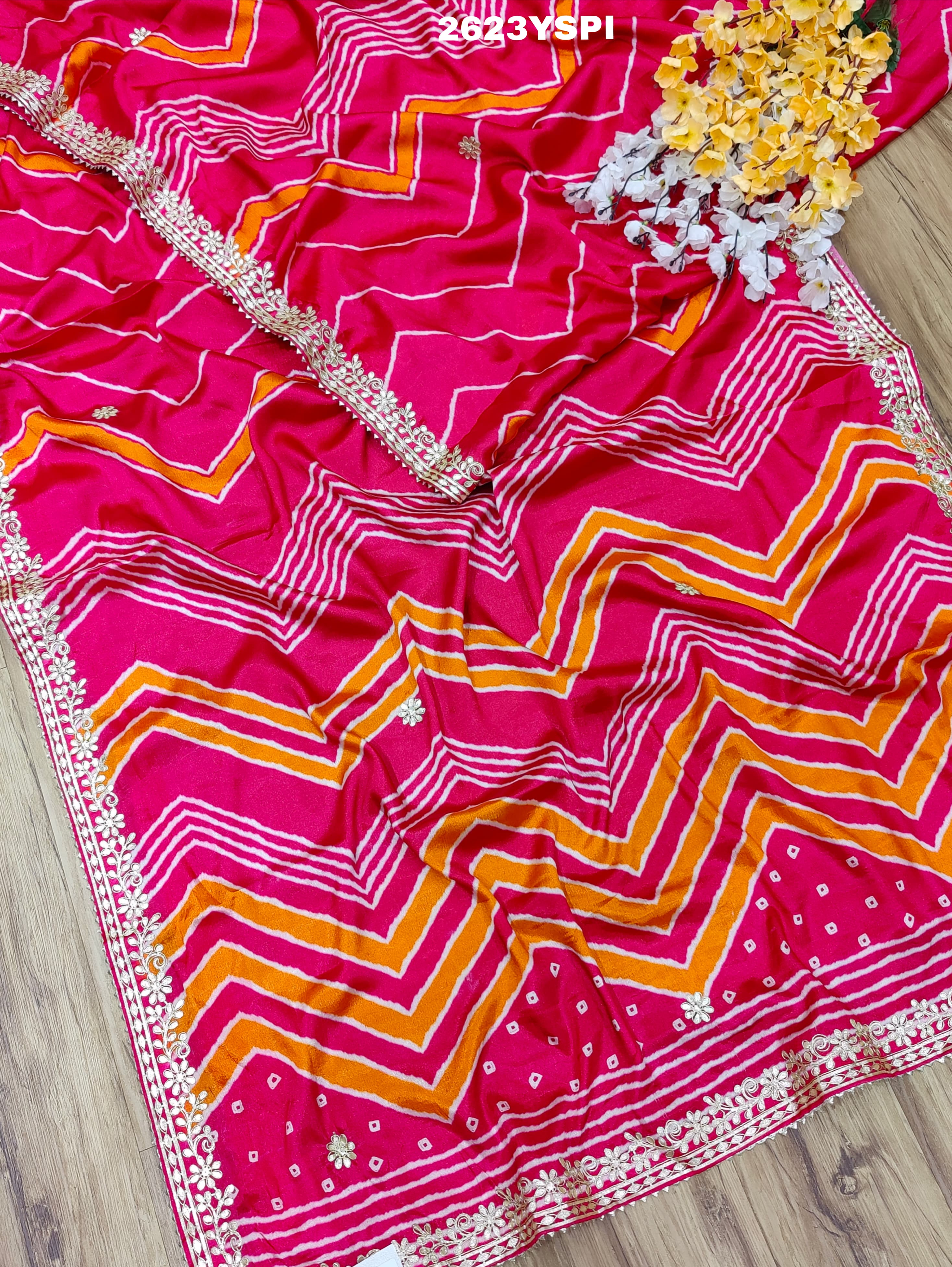 By New Beautiful HO Silk Zik Zag Style With Gotapatti Work Saree