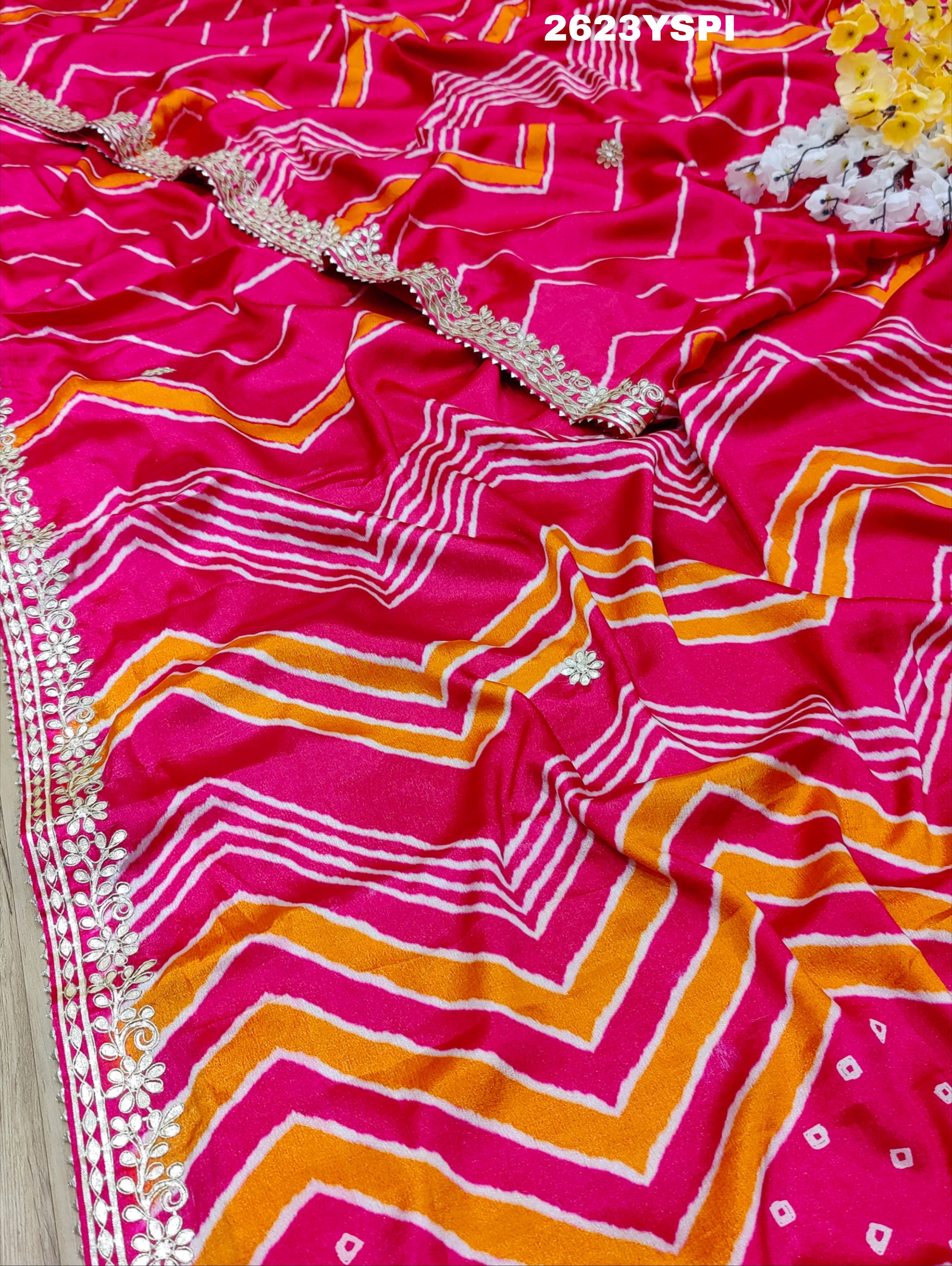 By New Beautiful HO Silk Zik Zag Style With Gotapatti Work Saree