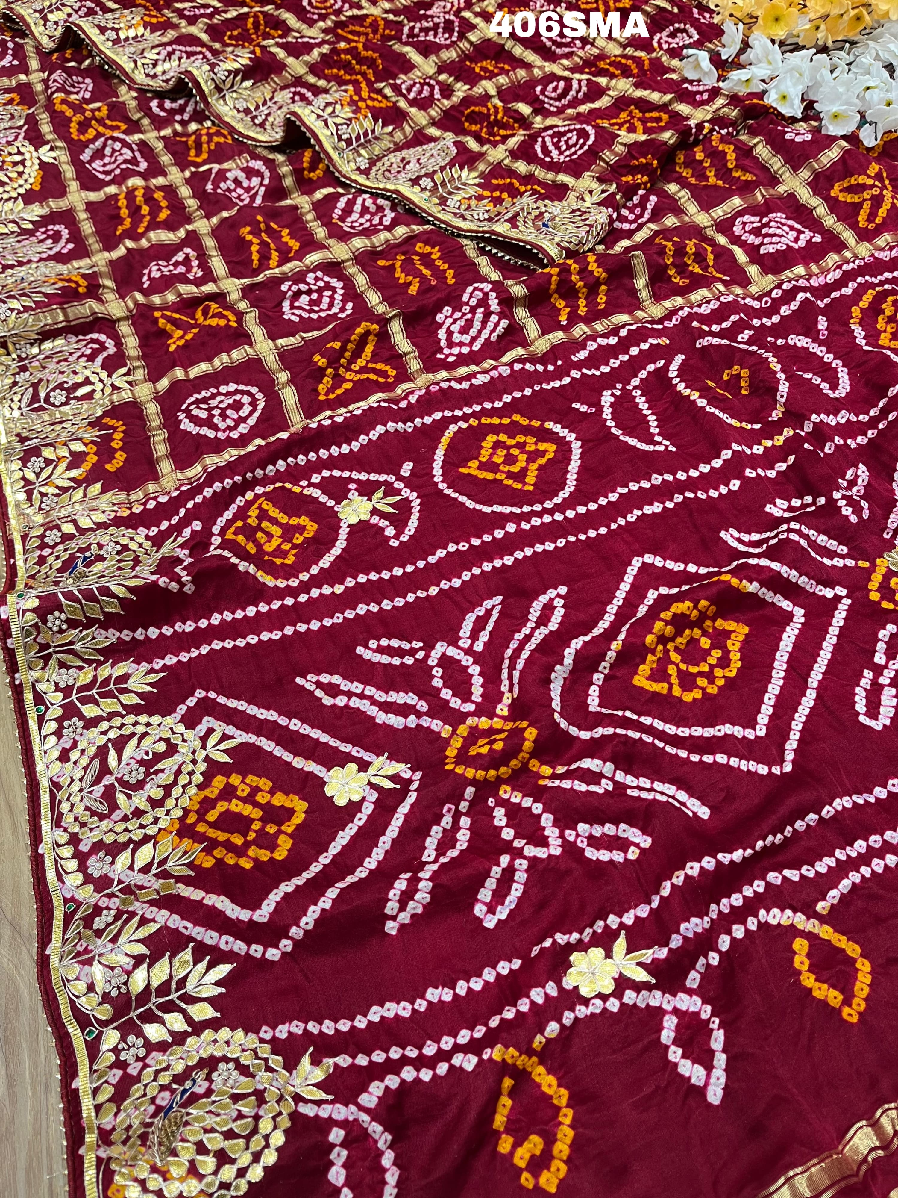 By New Latest Pure Gaji Silk Bandhani Ghatchola Gotapatti Saree