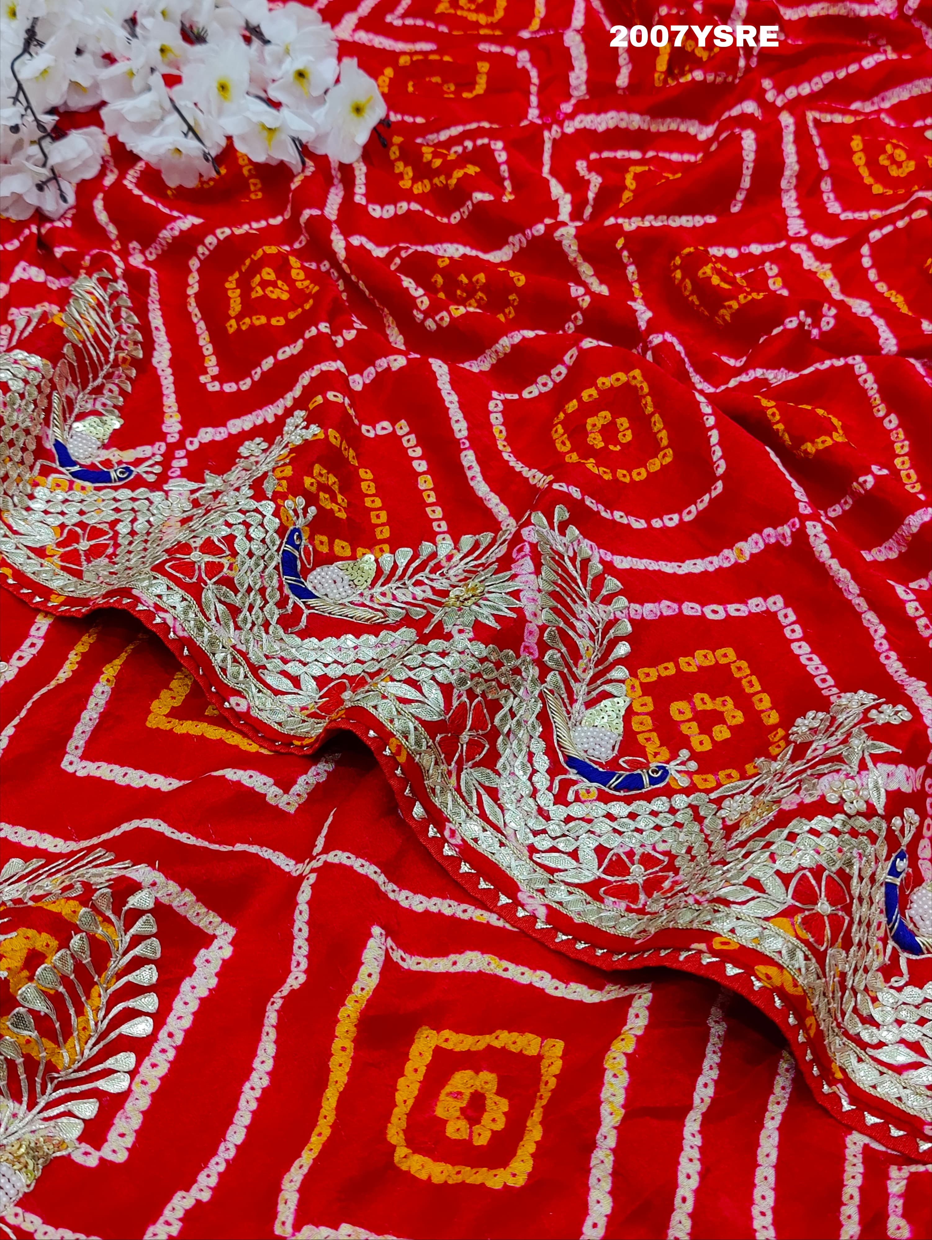 By New Gaji Silk Bandhani Style With Gotapatti Work Saree