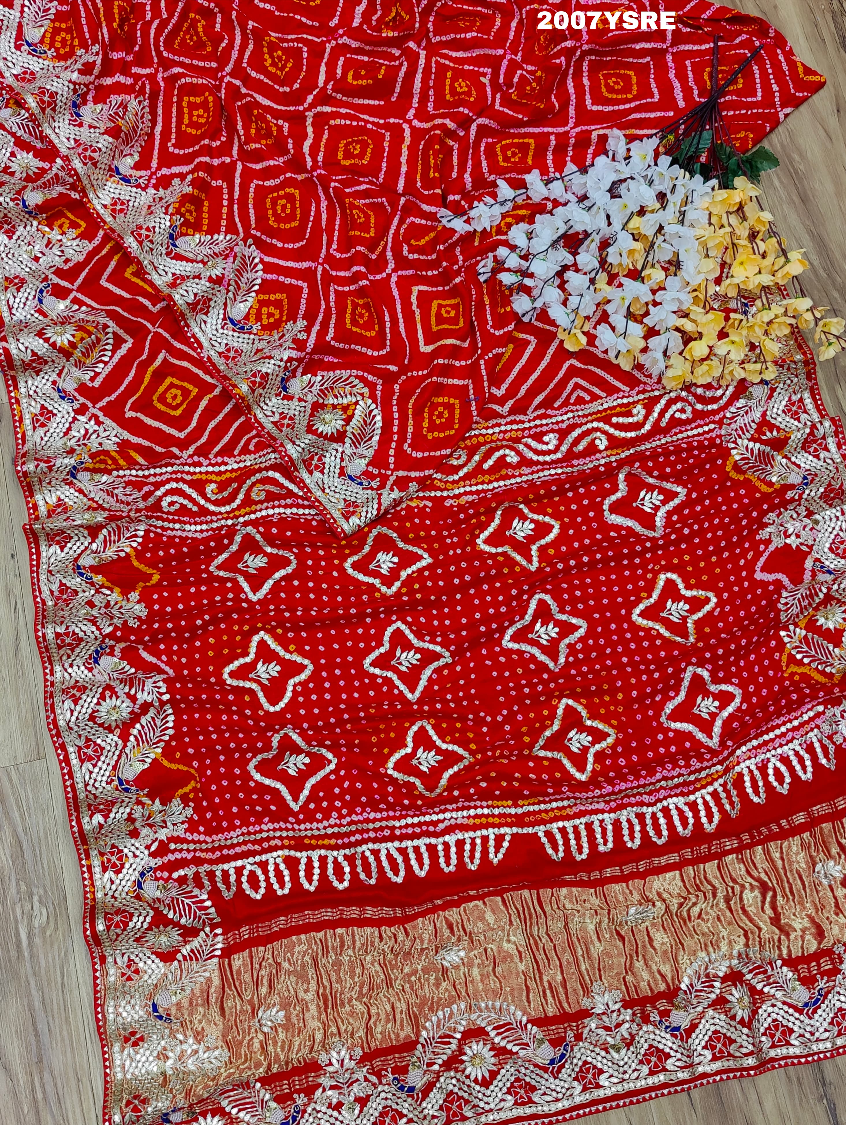 By New Gaji Silk Bandhani Style With Gotapatti Work Saree