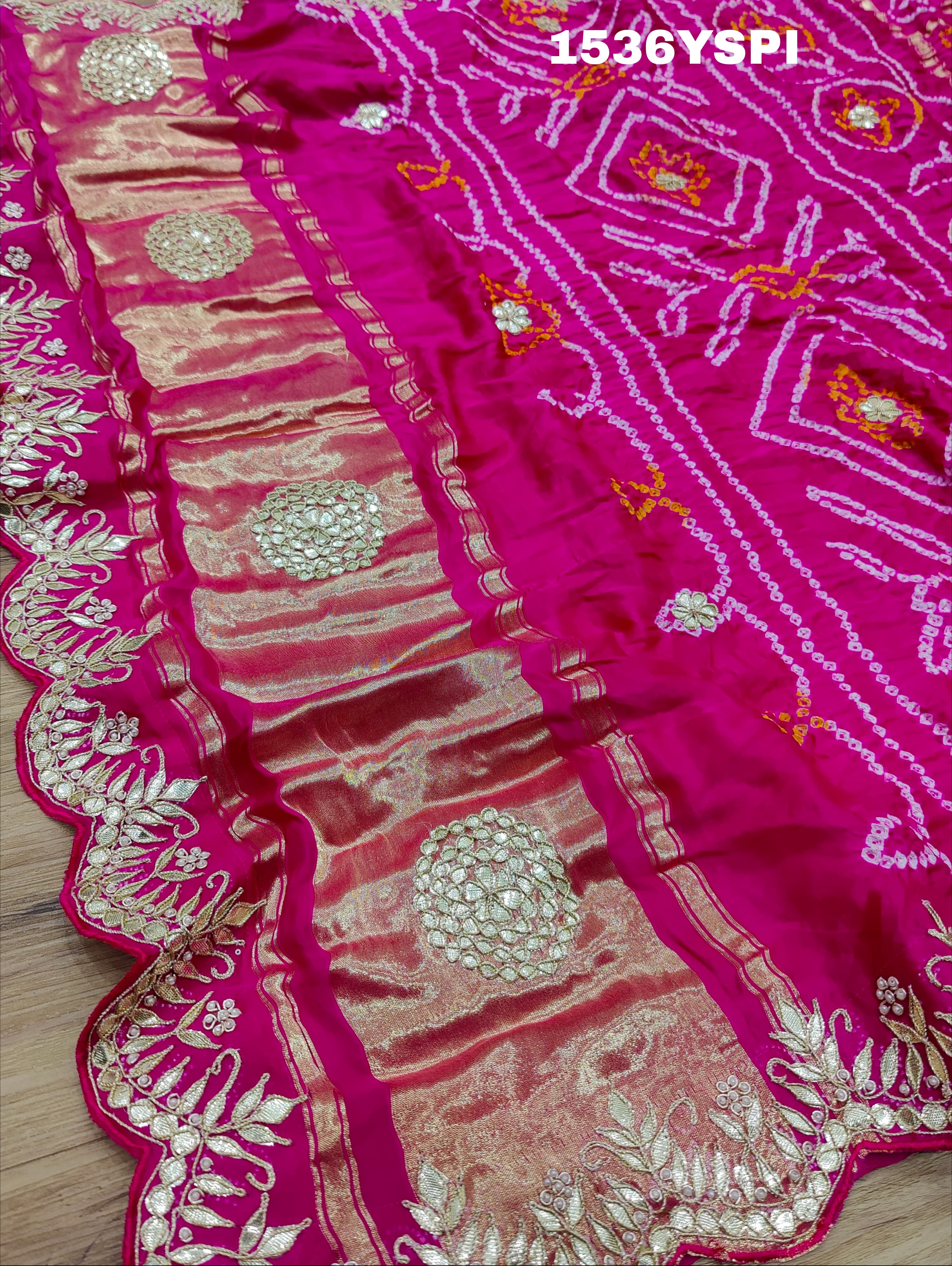 By New Famous Pure Gaji silk Gharchola Bandhani Gota patti Work Saree