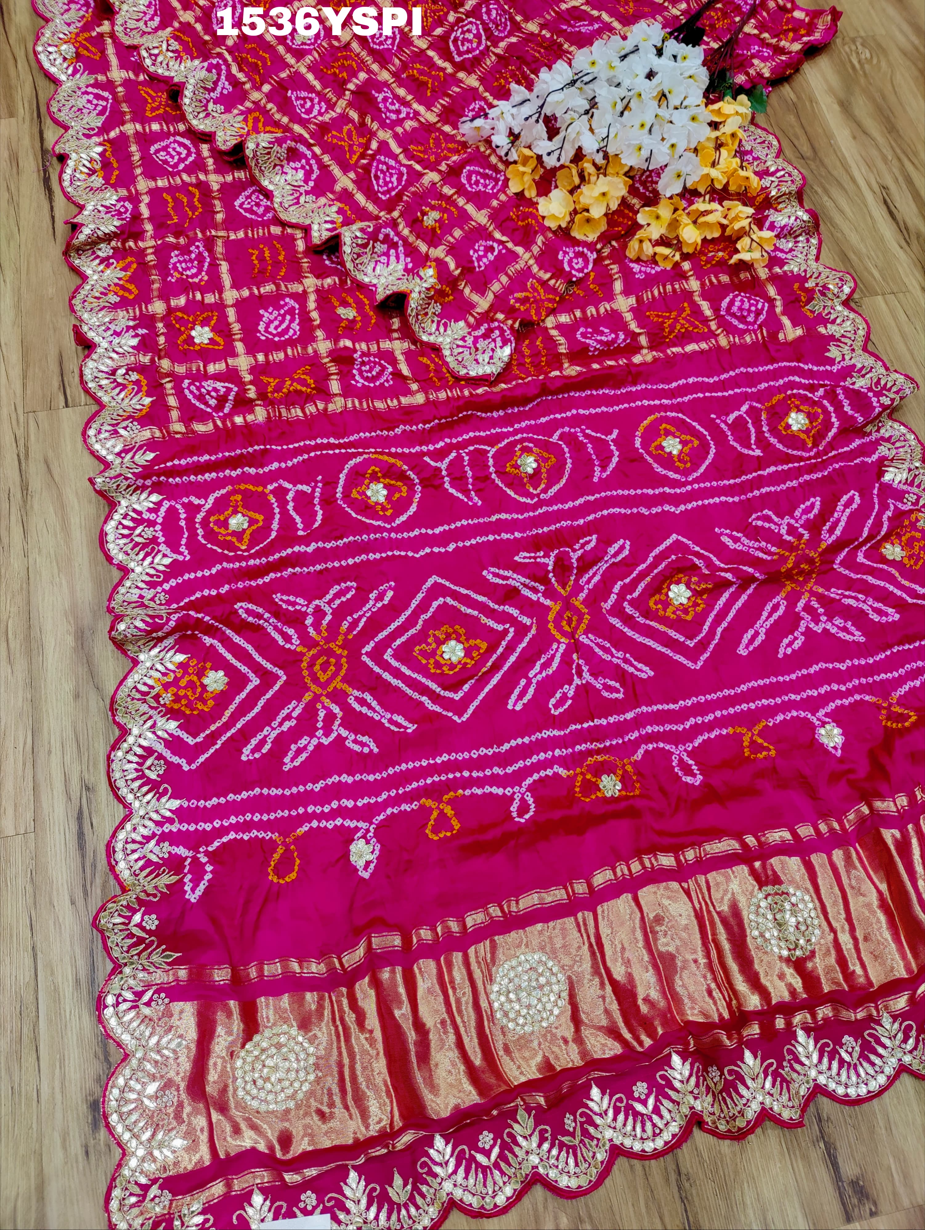 By New Famous Pure Gaji silk Gharchola Bandhani Gota patti Work Saree