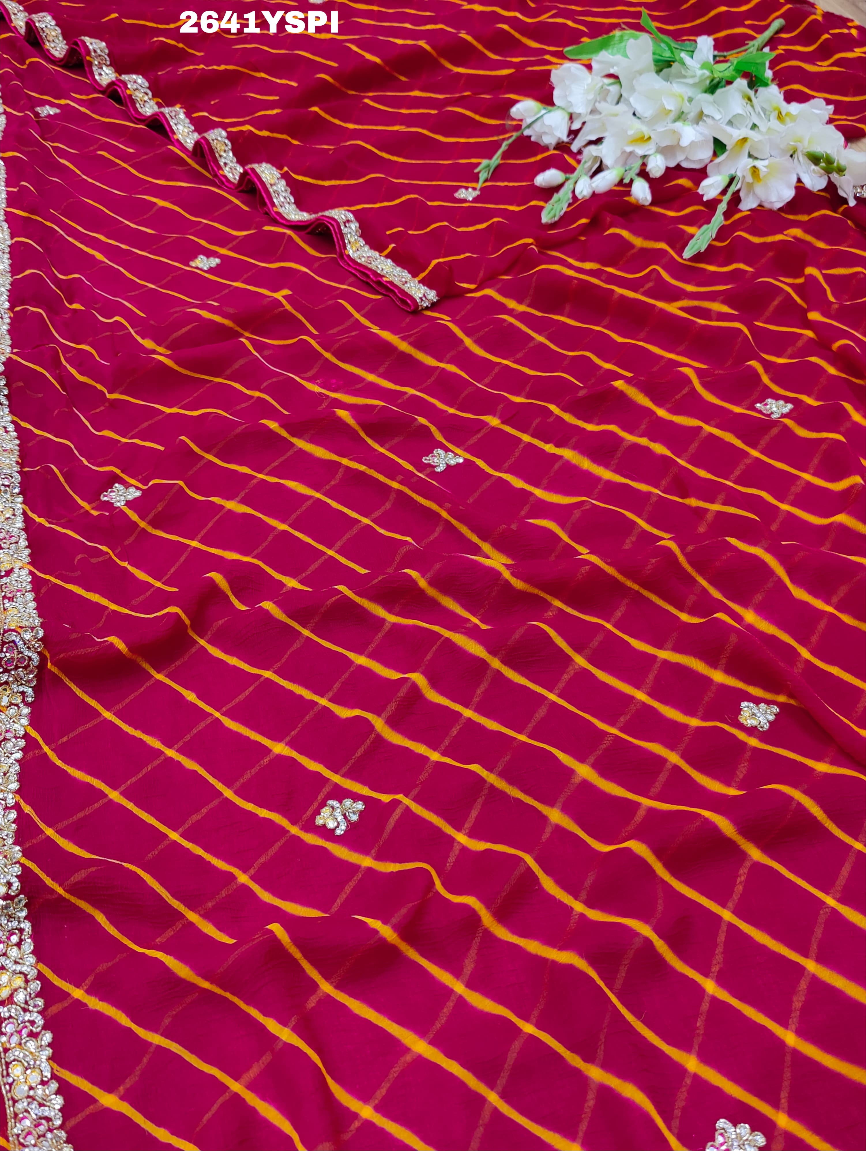 By New Chiffon Leheriya Style With Cutdana Work Saree
