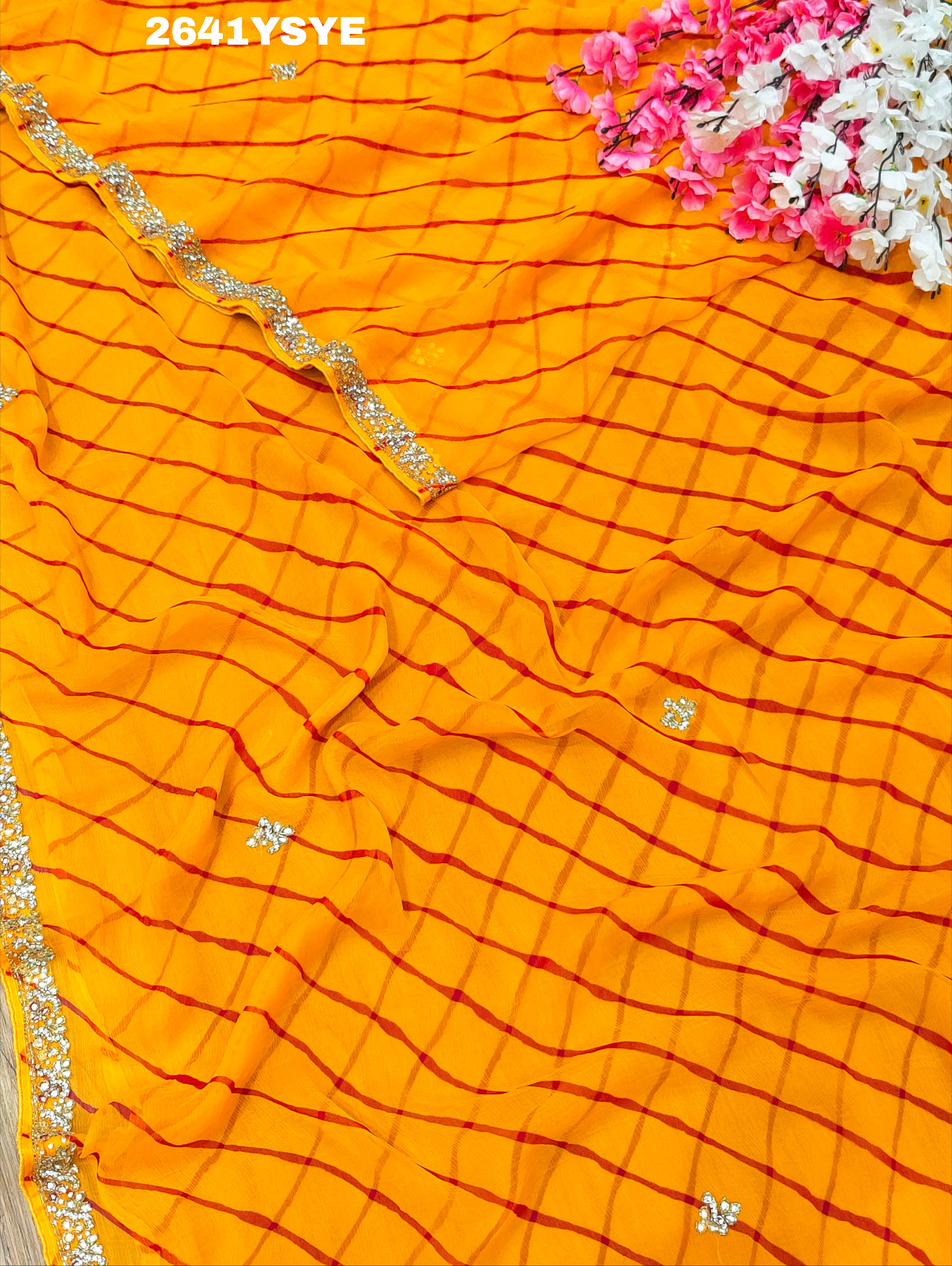 By New Chiffon Leheriya Style With Cutdana Work Saree