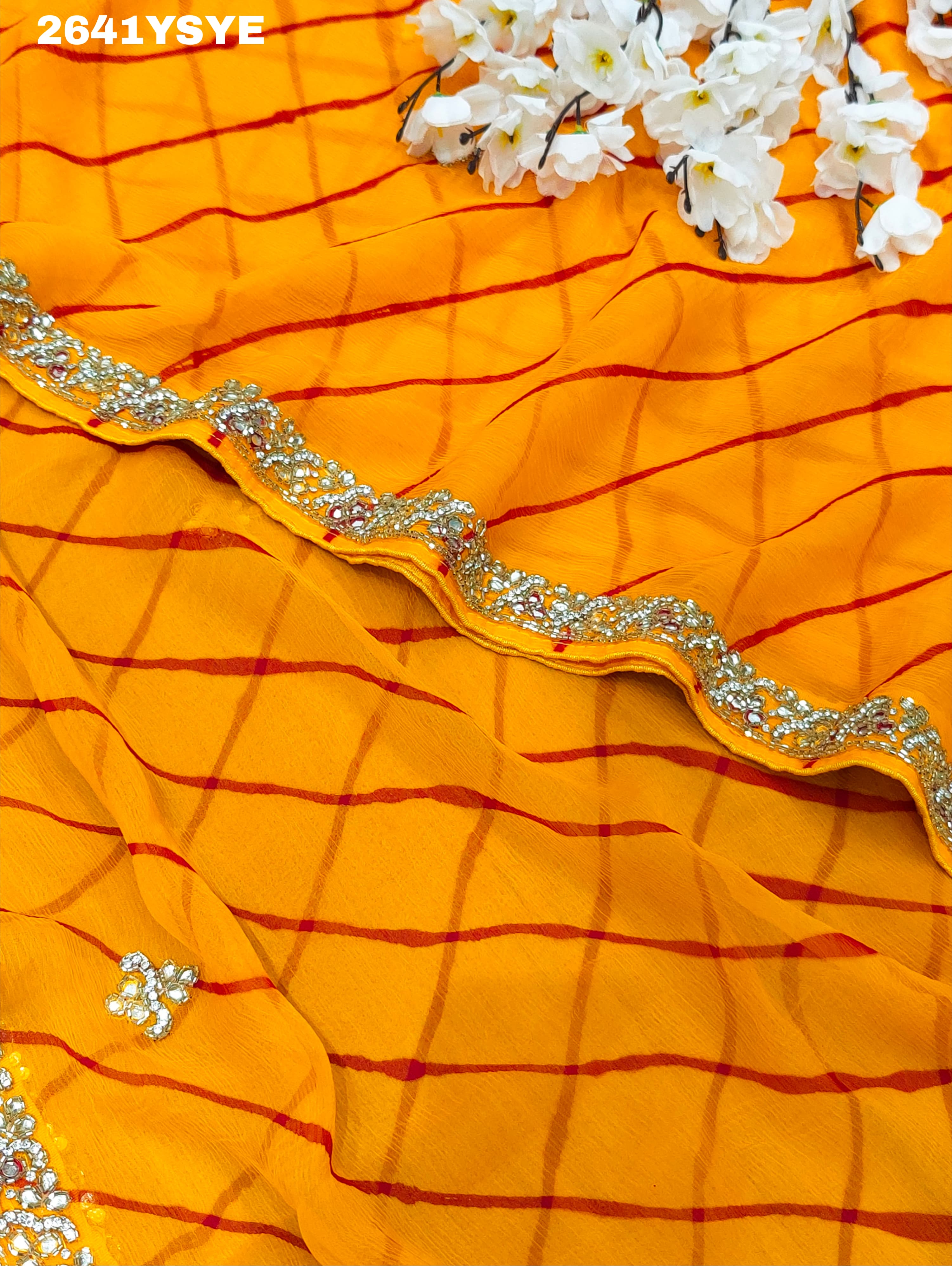 By New Chiffon Leheriya Style With Cutdana Work Saree