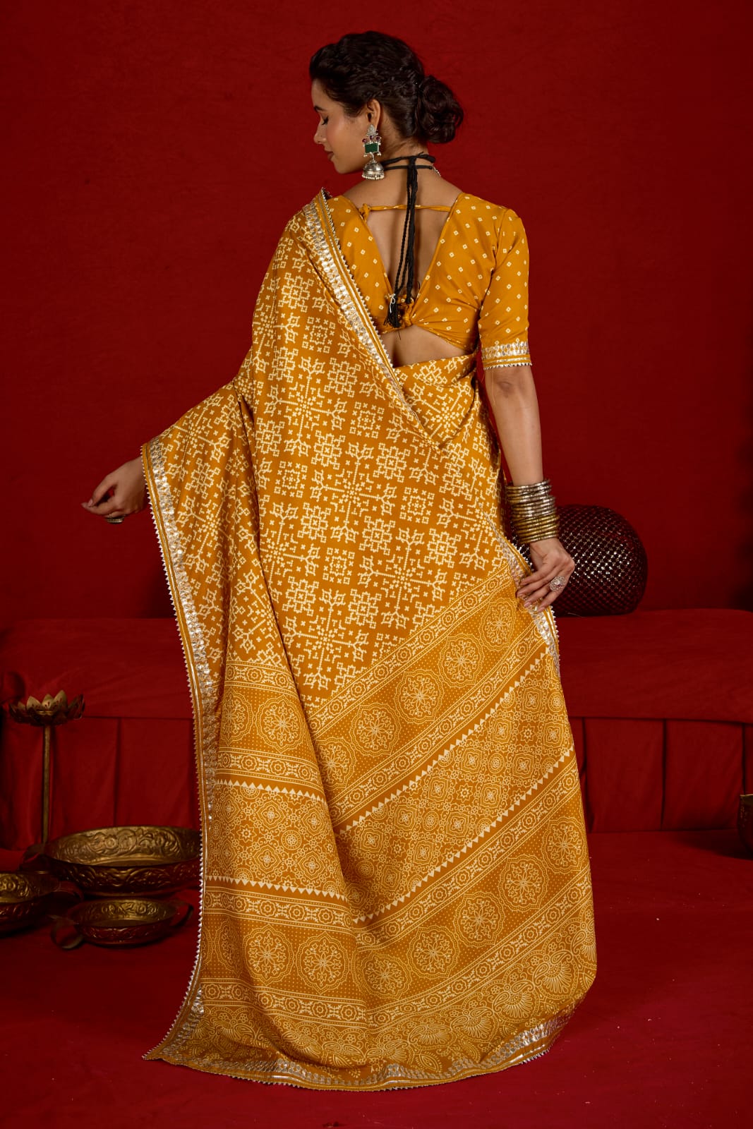By New Arrival Modal Silk Ajrakh Style With Gotapatti Work Saree