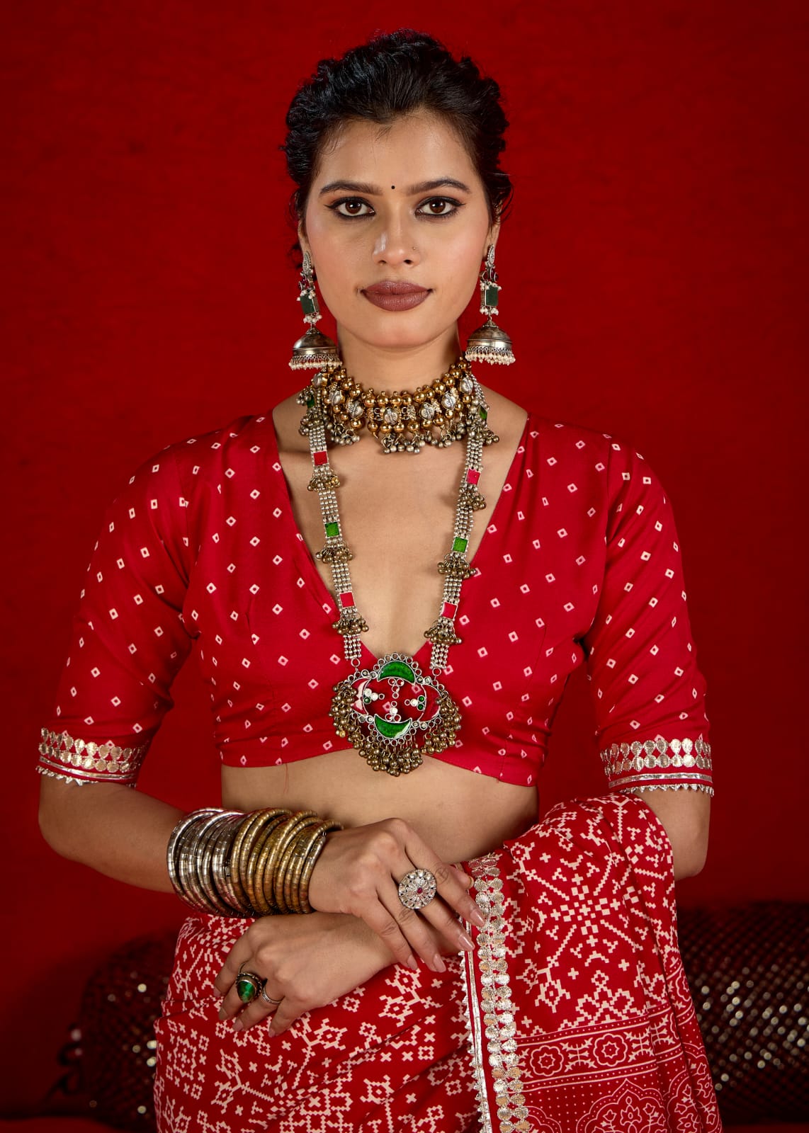 By New Arrival Modal Silk Ajrakh Style With Gotapatti Work Saree