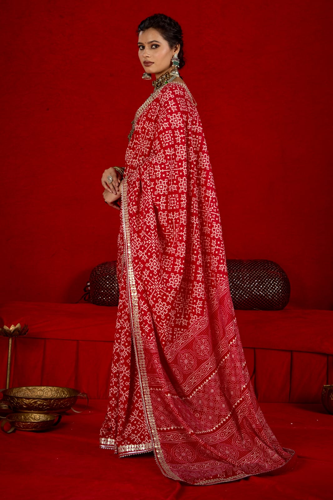 By New Arrival Modal Silk Ajrakh Style With Gotapatti Work Saree