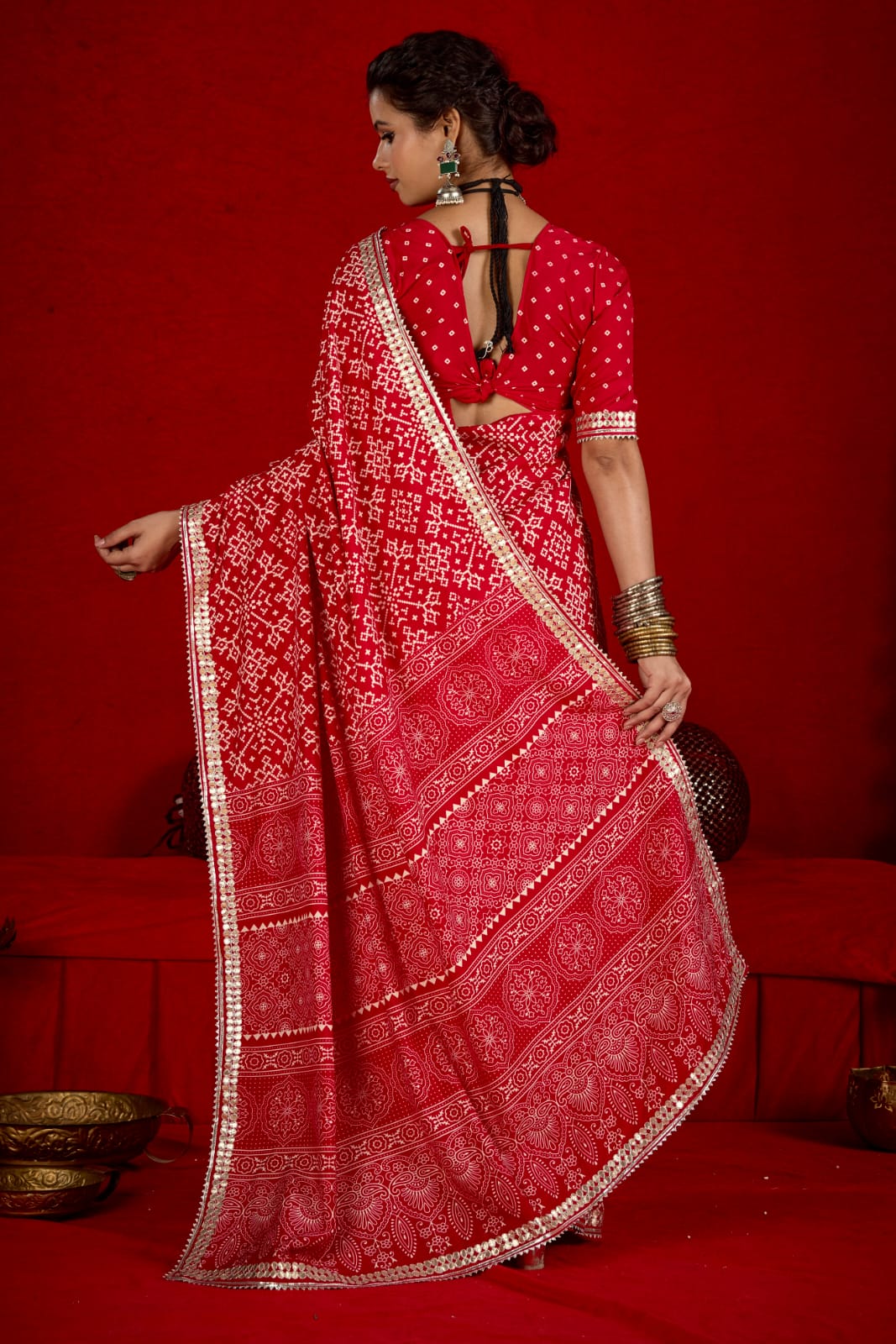 By New Arrival Modal Silk Ajrakh Style With Gotapatti Work Saree