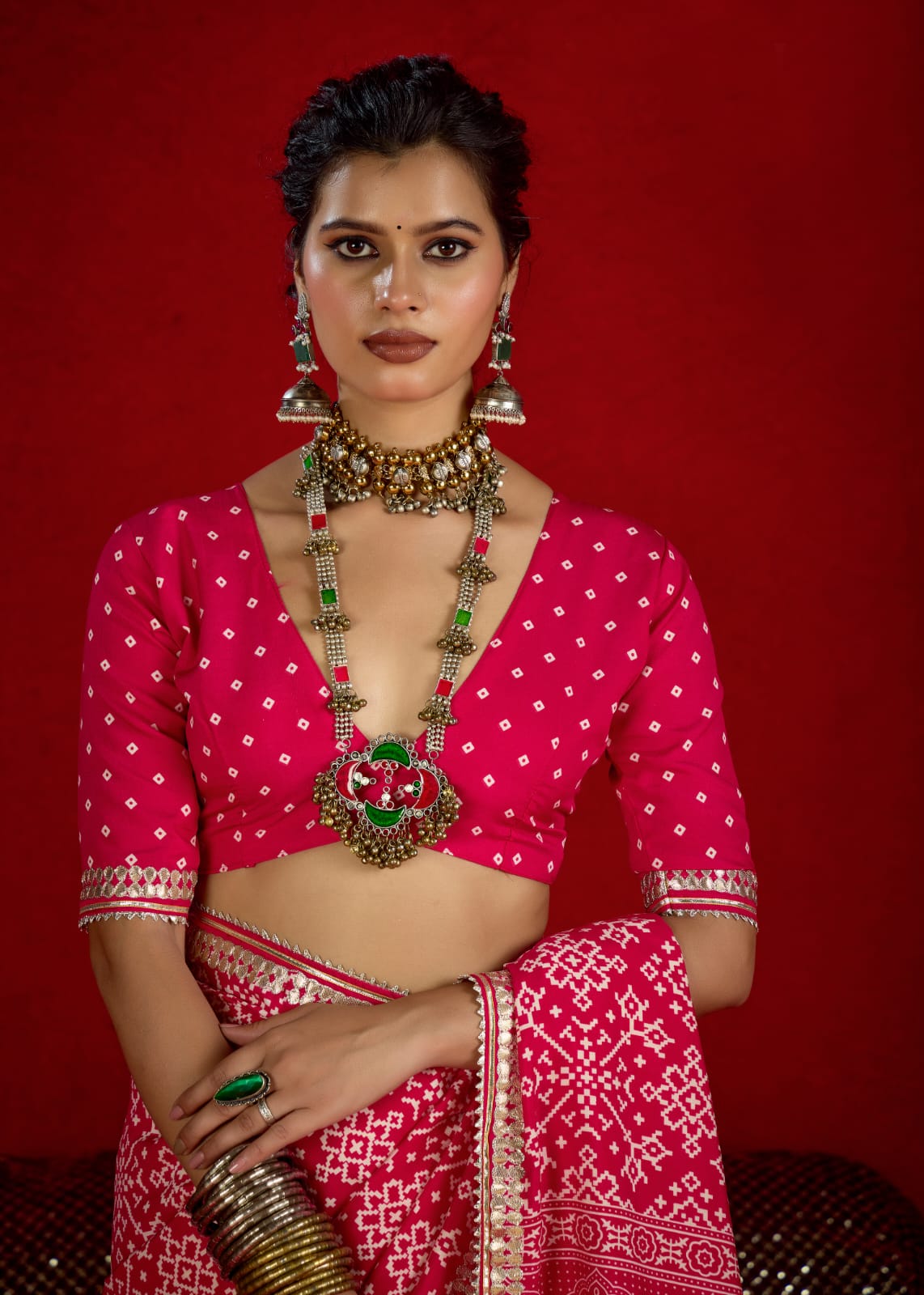 By New Arrival Modal Silk Ajrakh Style With Gotapatti Work Saree