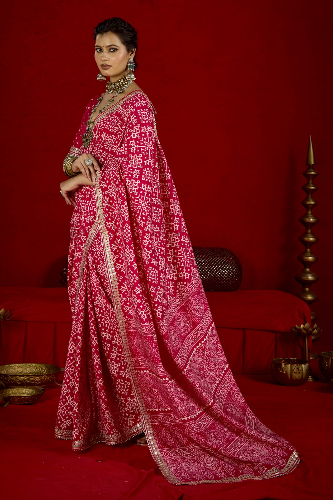 By New Arrival Modal Silk Ajrakh Style With Gotapatti Work Saree