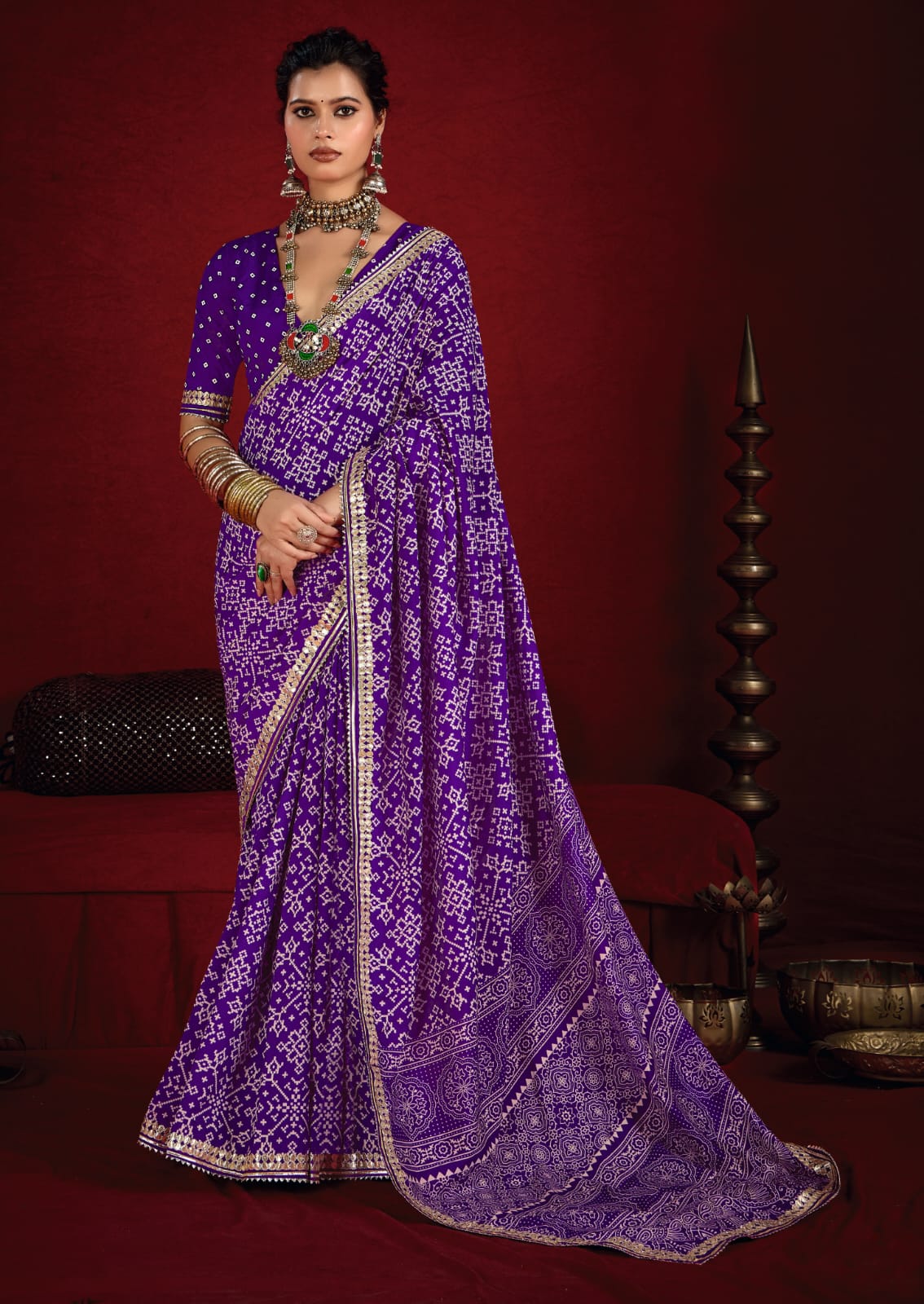 By New Arrival Modal Silk Ajrakh Style With Gotapatti Work Saree