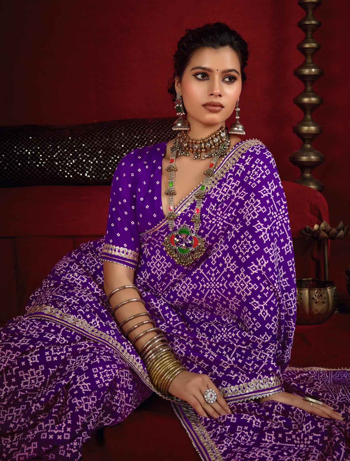 By New Arrival Modal Silk Ajrakh Style With Gotapatti Work Saree